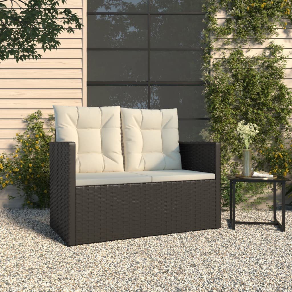 furnicato Gartenbank Schwarz 105x56x75 cm mit Cremeweißen Kissen aus PE-Rattan, Witterungsbeständige Sitzbank mit Polstern und stabilem Stahlrahmen