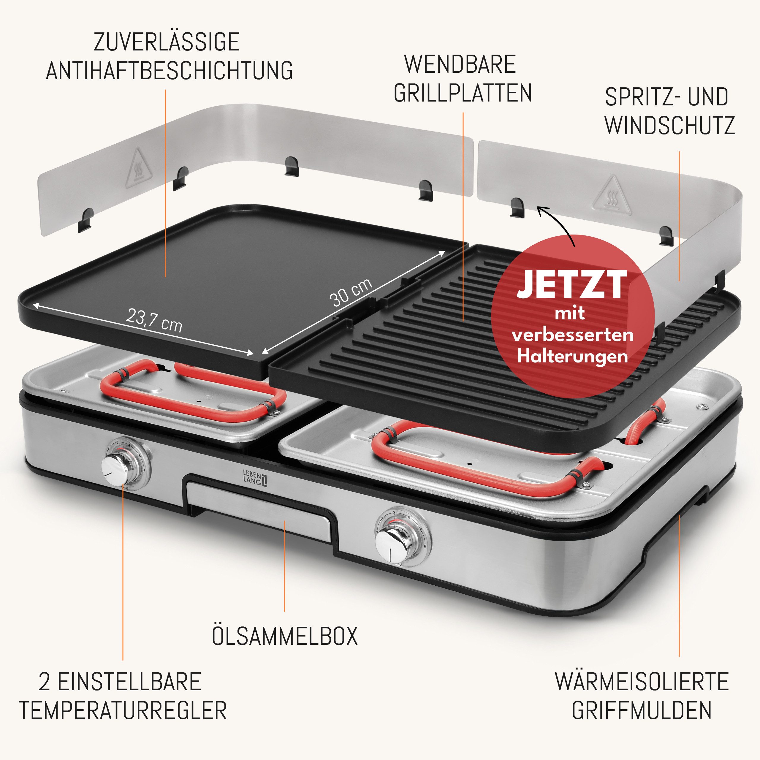 Lebenlang Tischgrill 2400W Elektrogrill inkl. Grillzange & Spritzschutz, 2400,00 W, 2 wendbare Grillplatten glatt/gerippt,2 Temperaturregler, In-&Outdoor