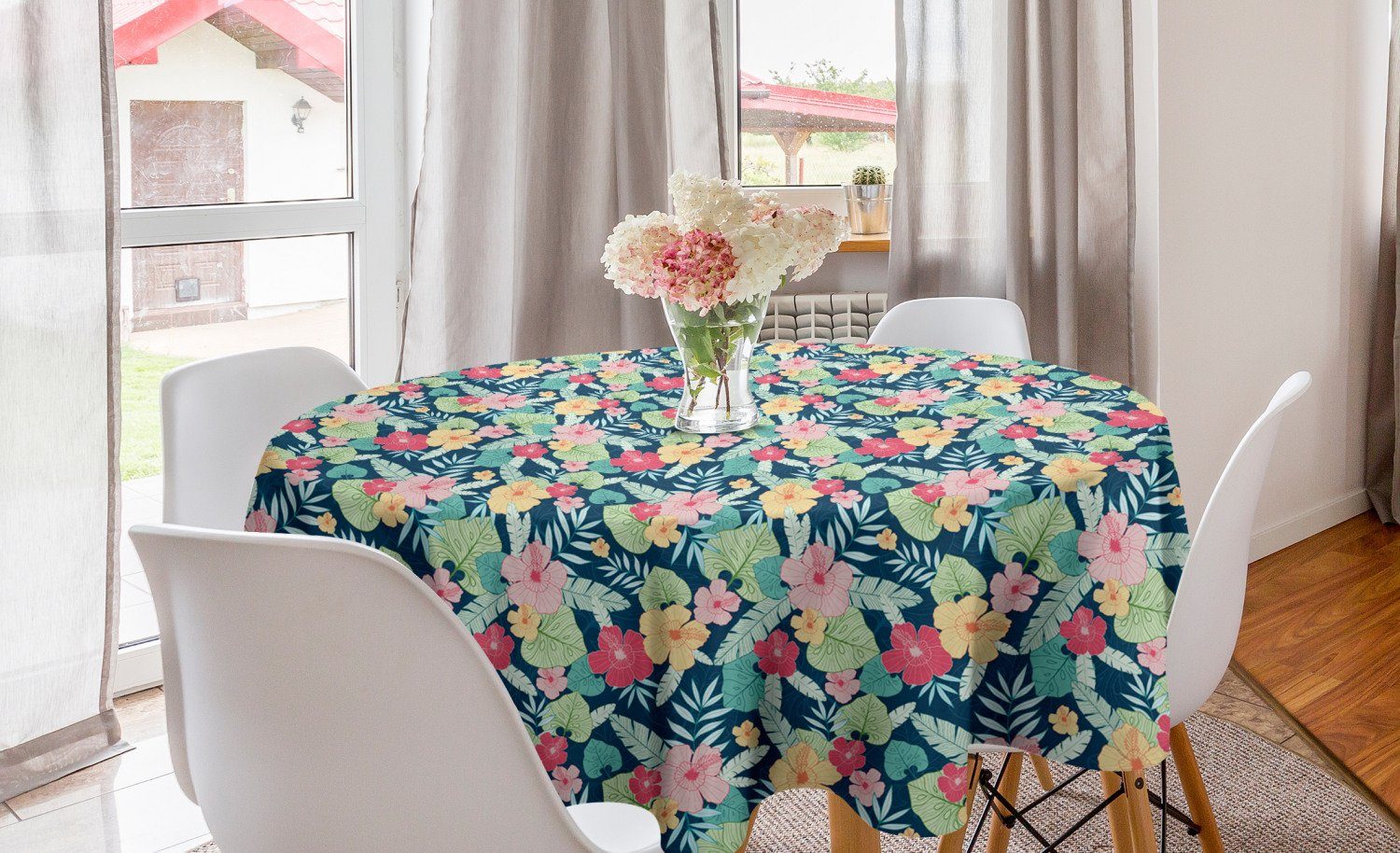 Abakuhaus Tischdecke Kreis Tischdecke Abdeckung für Esszimmer Küche Dekoration, Blumen Hibiscus und Blätter Grafik