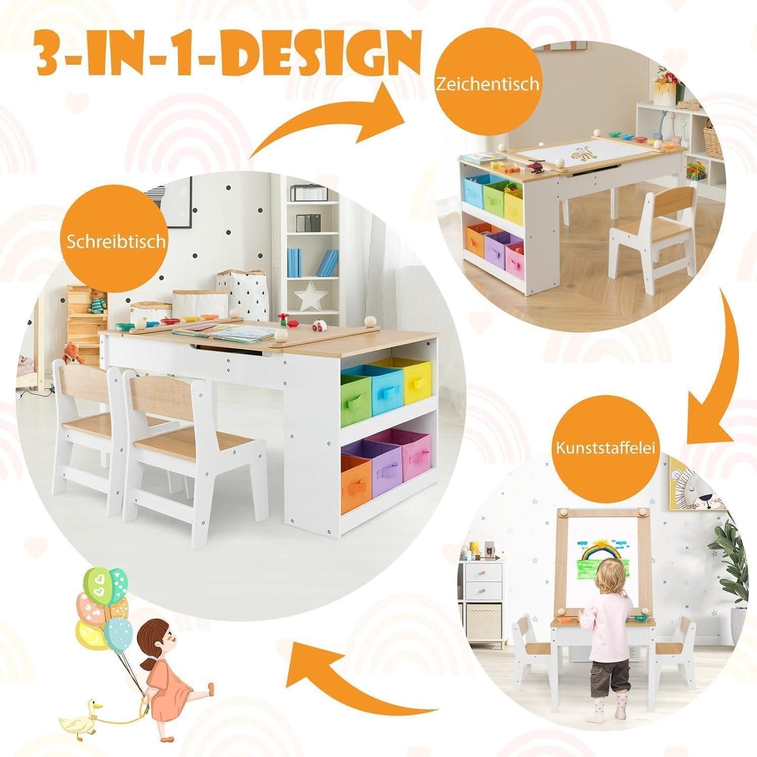 LuxusKollektion Kindertisch Kindertisch 3in1 2 Stühle Holz Maltisch 6 Natur mit 2 Ablagen