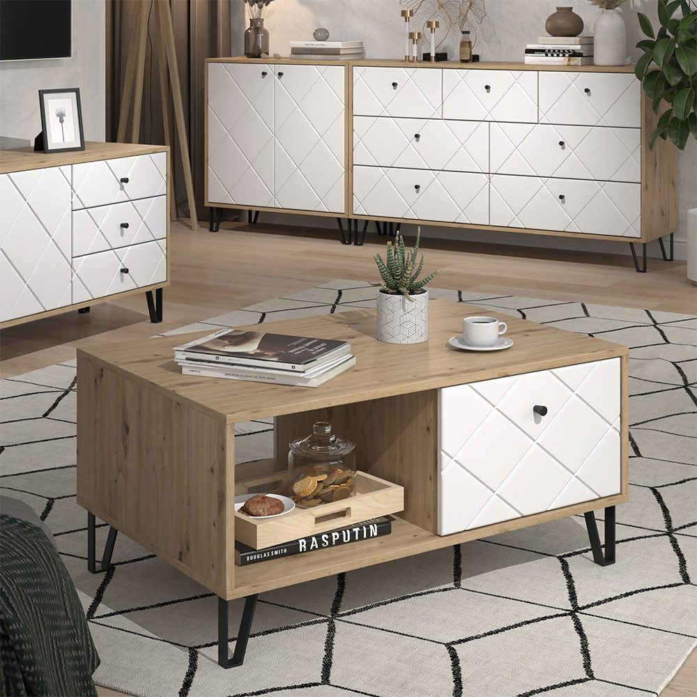 Vicco Couchtisch Nizza, Artisan/Weiß/Weiß, 90.2 x 59.4 cm mit offenem Fach & Schub... (1-St)