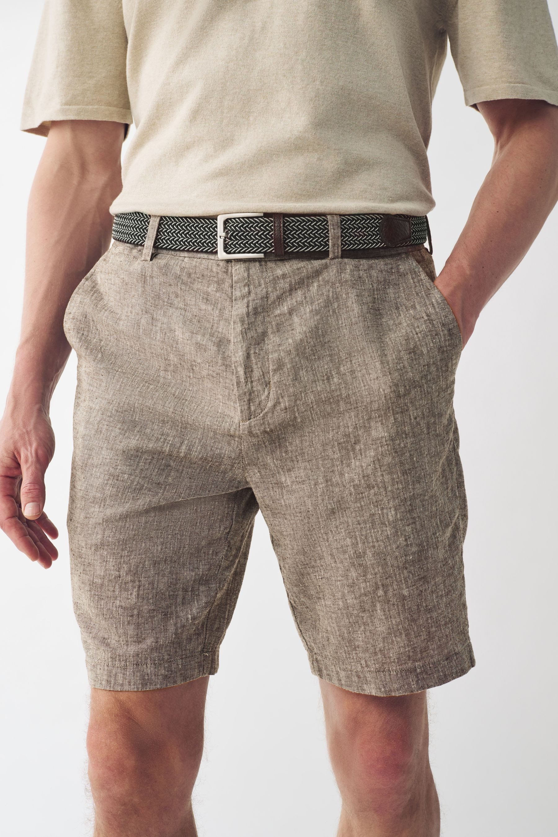 Next Chinoshorts Shorts aus Baumwolle und Leinen mit Gürtel (2-tlg)