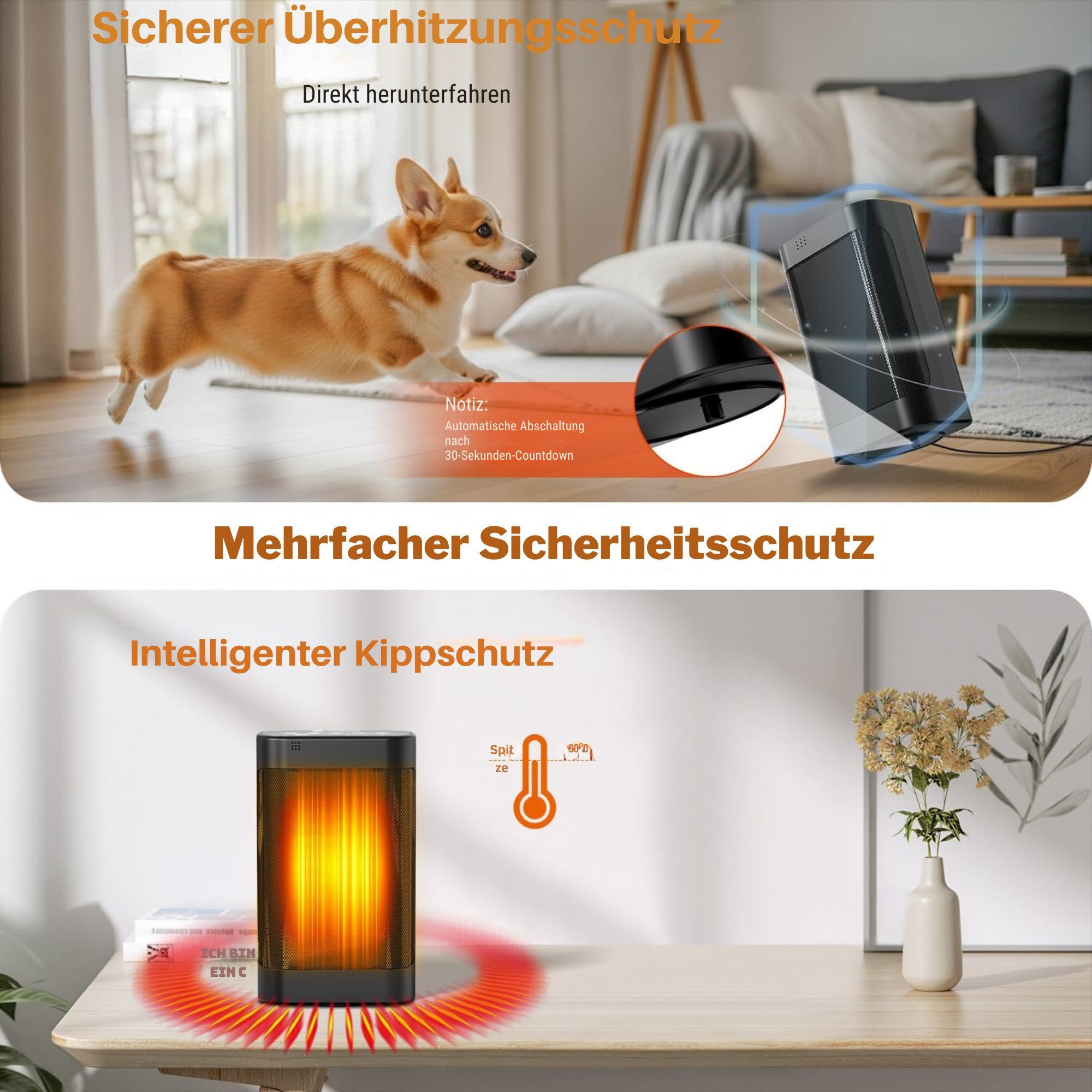 Vivitar Keramikheizlüfter 1500W mit Thermostat, PTC Schnellheizung, 70° Oszillation, 3 Windgeschwindigkeiten, leise Elektroheizung unter 45 dB, 2–12H – Bild 5 von 5