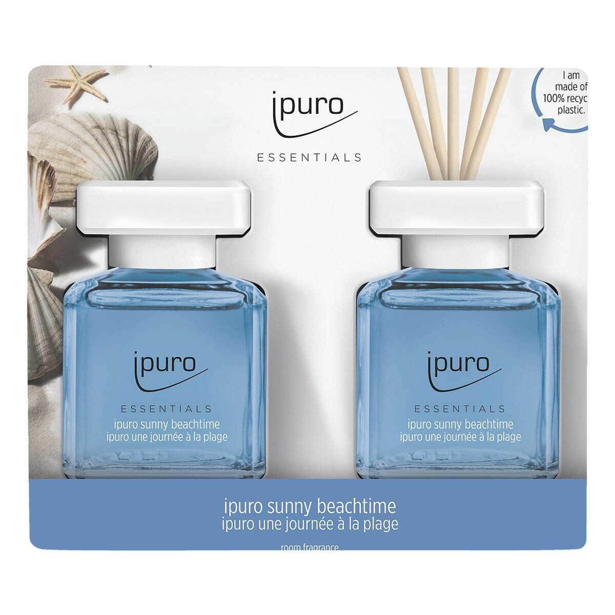 IPURO Raumduft Sunny Beach Time, 2x 50 ml, Glasflakon mit Rattan-Holzstäbchen