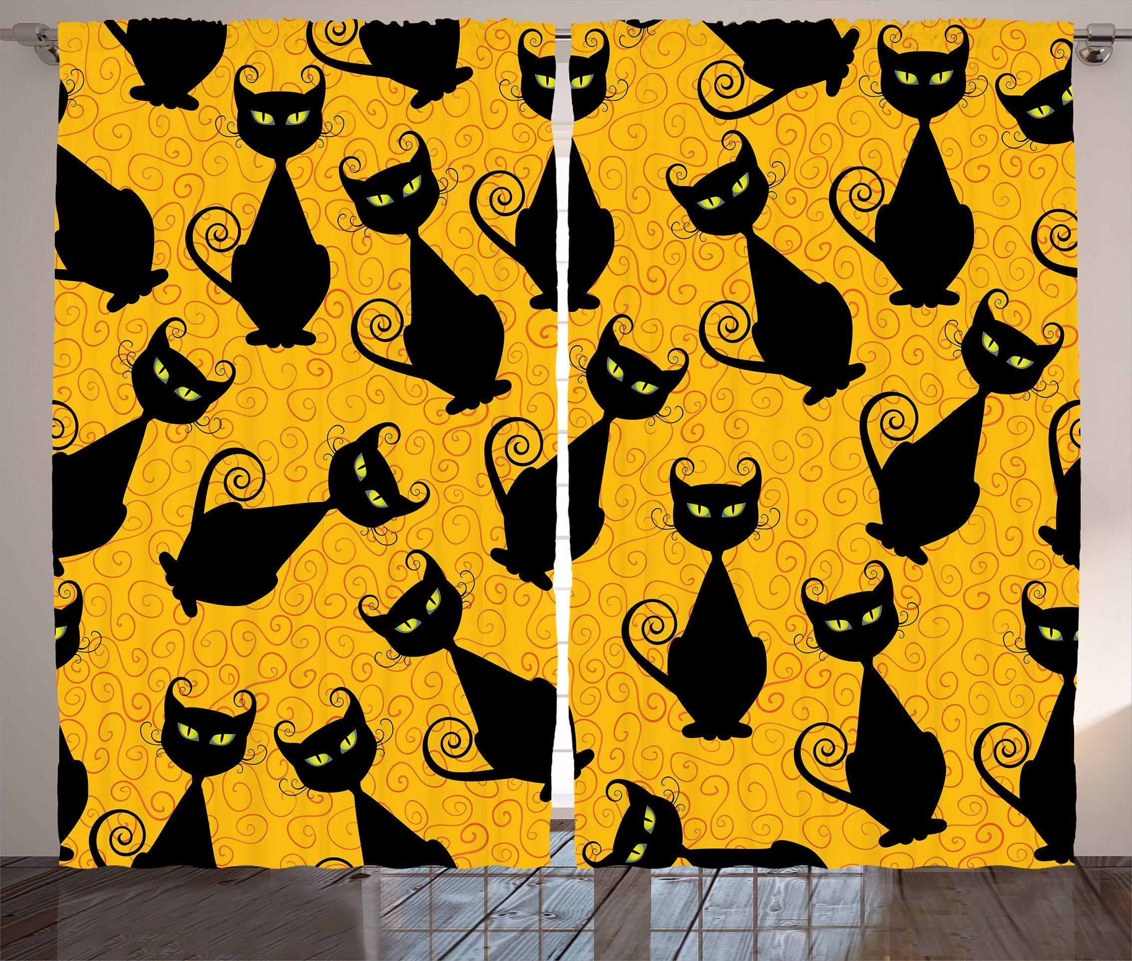 Gardine Schlafzimmer Kräuselband Vorhang mit Schlaufen und Haken, Abakuhaus, Halloween Schwarze Katzen-Vintage
