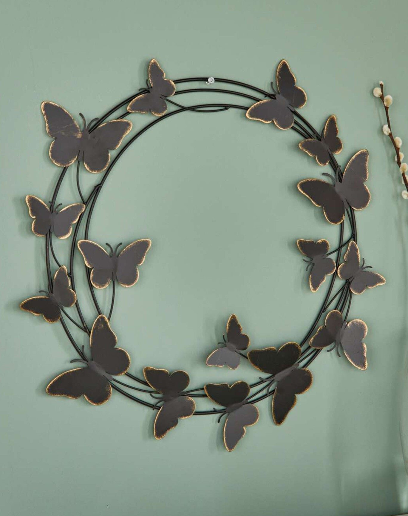 Dekoleidenschaft Wanddekoobjekt "Schmetterlinge" 3D Metall Wanddeko, Ø 50 cm, Wandhänger, Metalldeko, Wandschmuck schwarz & gold, rund