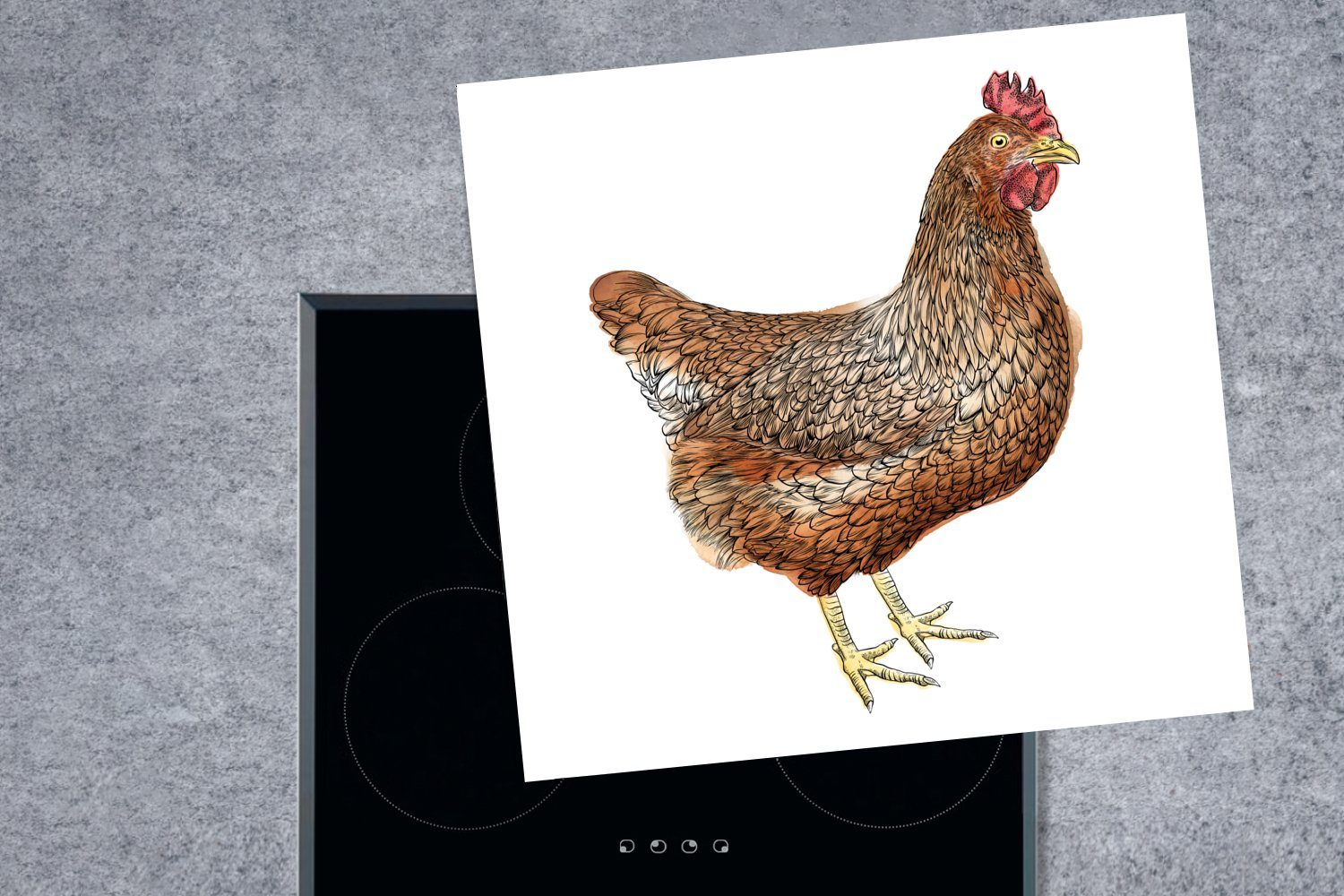 küche Herdblende-/Abdeckplatte Huhns (1 cm, Ceranfeldabdeckung, 78x78 für auf eines braunen MuchoWow Illustration Arbeitsplatte tlg), Hintergrund, Vinyl, weißem