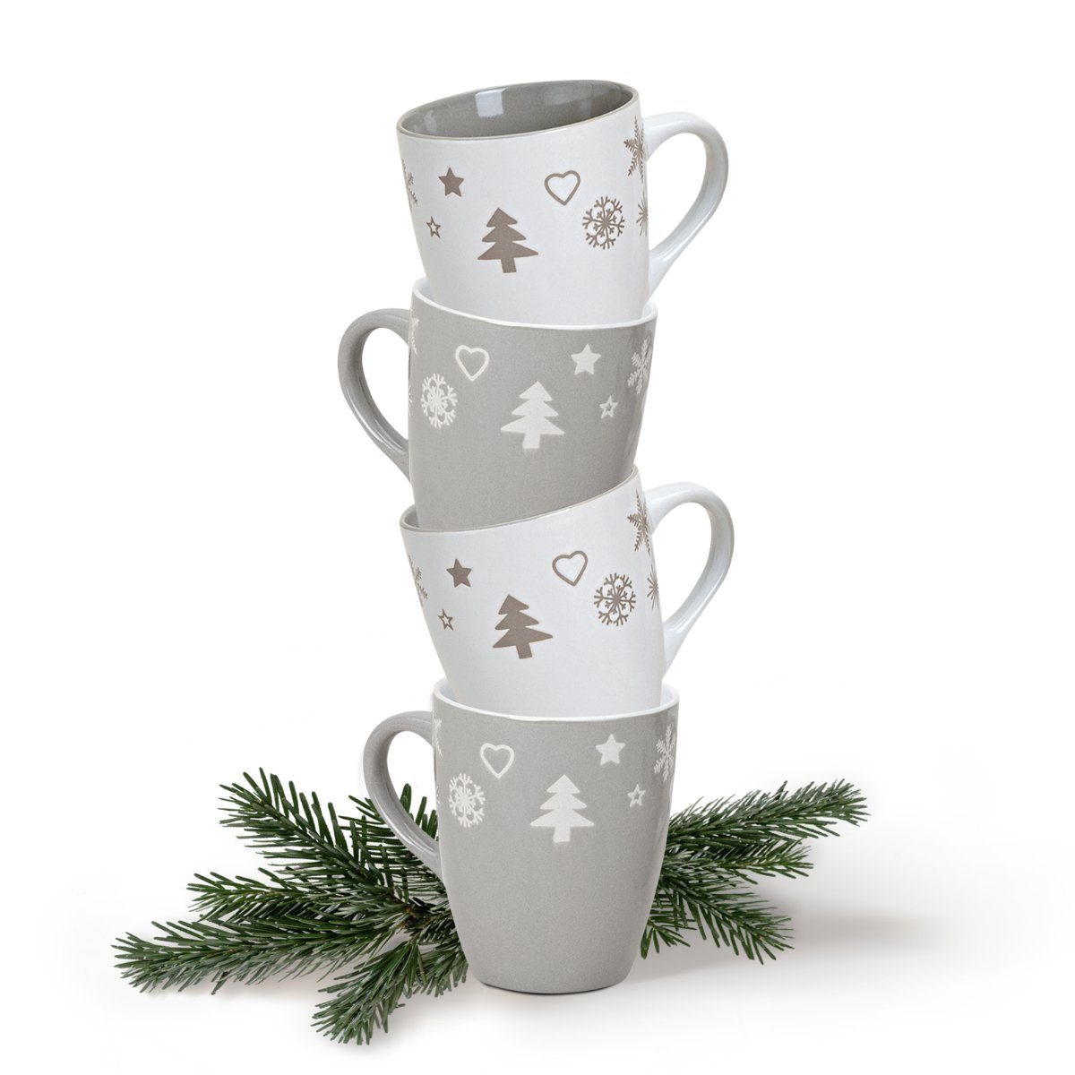 matches21 HOME & HOBBY Tasse Weihnachtstassen 4er Set einfarbig Skandi Weihnachtsdeko, 4-tlg., Keramik, Tee Kaffee-Becher, Weihnachten, Vintage, grau weiss, 300 ml