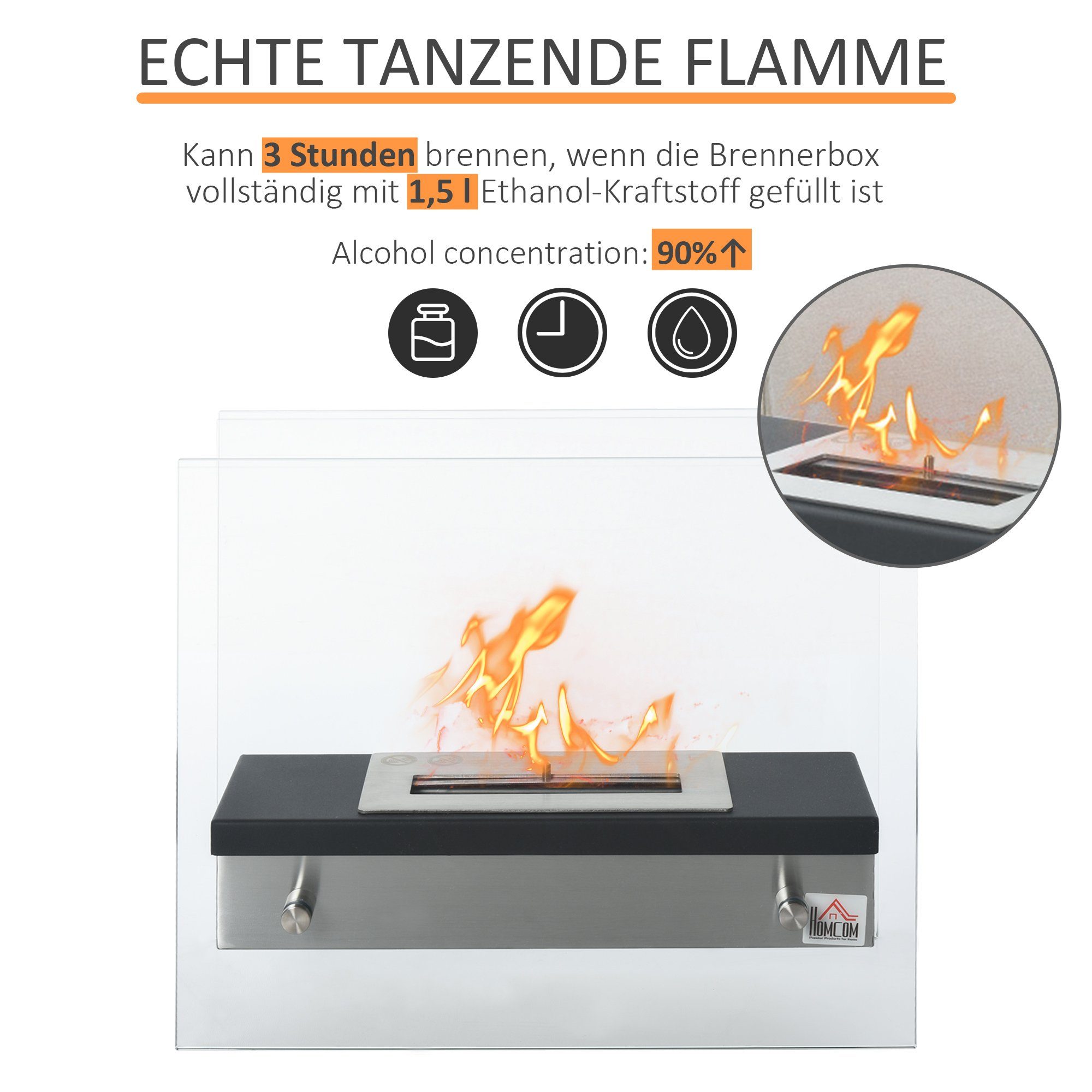 x 40 x Brenndauer, Bio-Ethanol-Brenner Ethanol-Kamin, 3 cm 47 1,5L, Echtfeuer-Dekokamin Stdn. 20 HOMCOM