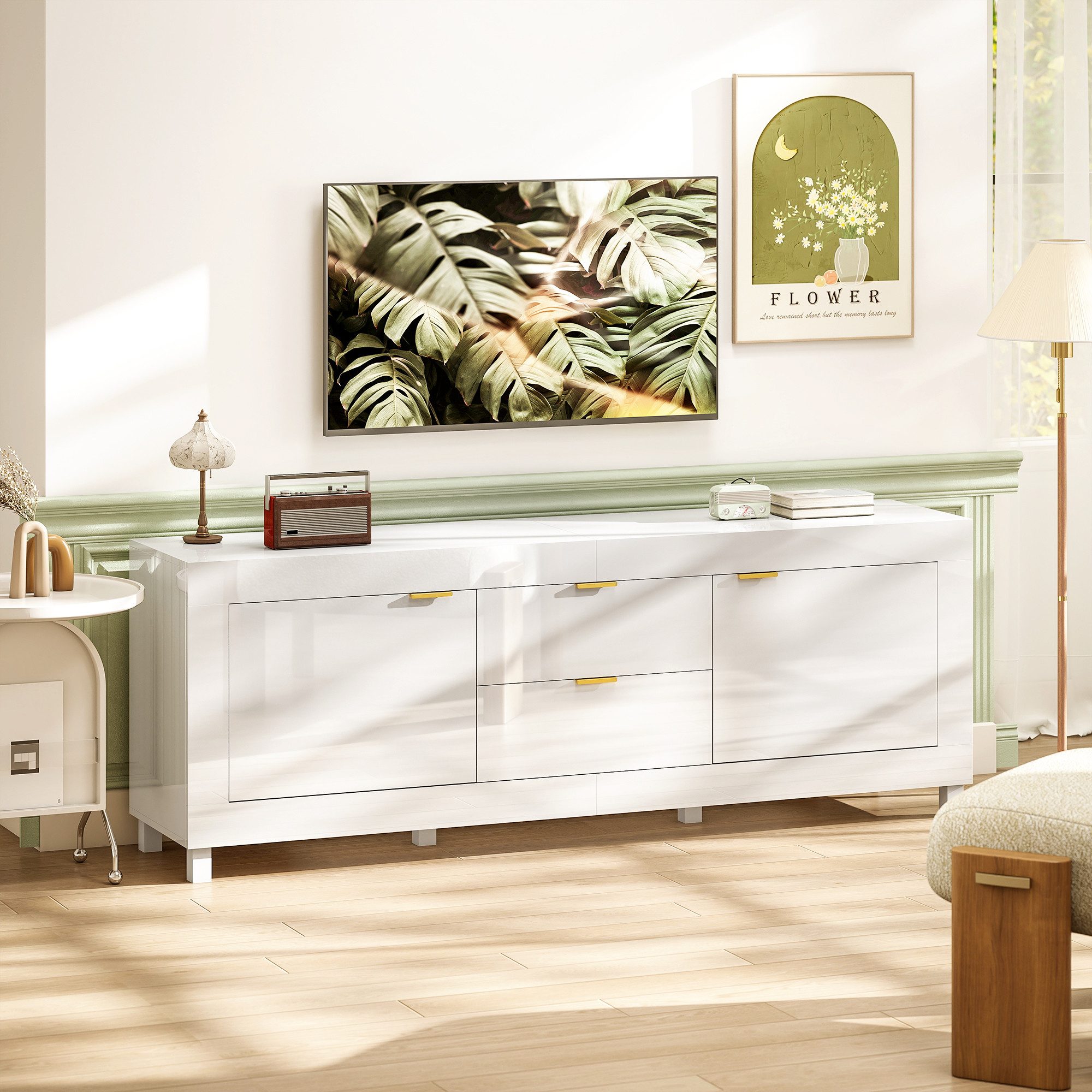 HOMCOM Lowboard TV-Schrank für Fernseher bis 75 Zoll 180x40x66 cm Soft-Close-Türen (Hochglanz Fernsehtisch, 1 St., TV-Bank), für Wohnzimmer Schlafzimmer Hochglanz Weiß