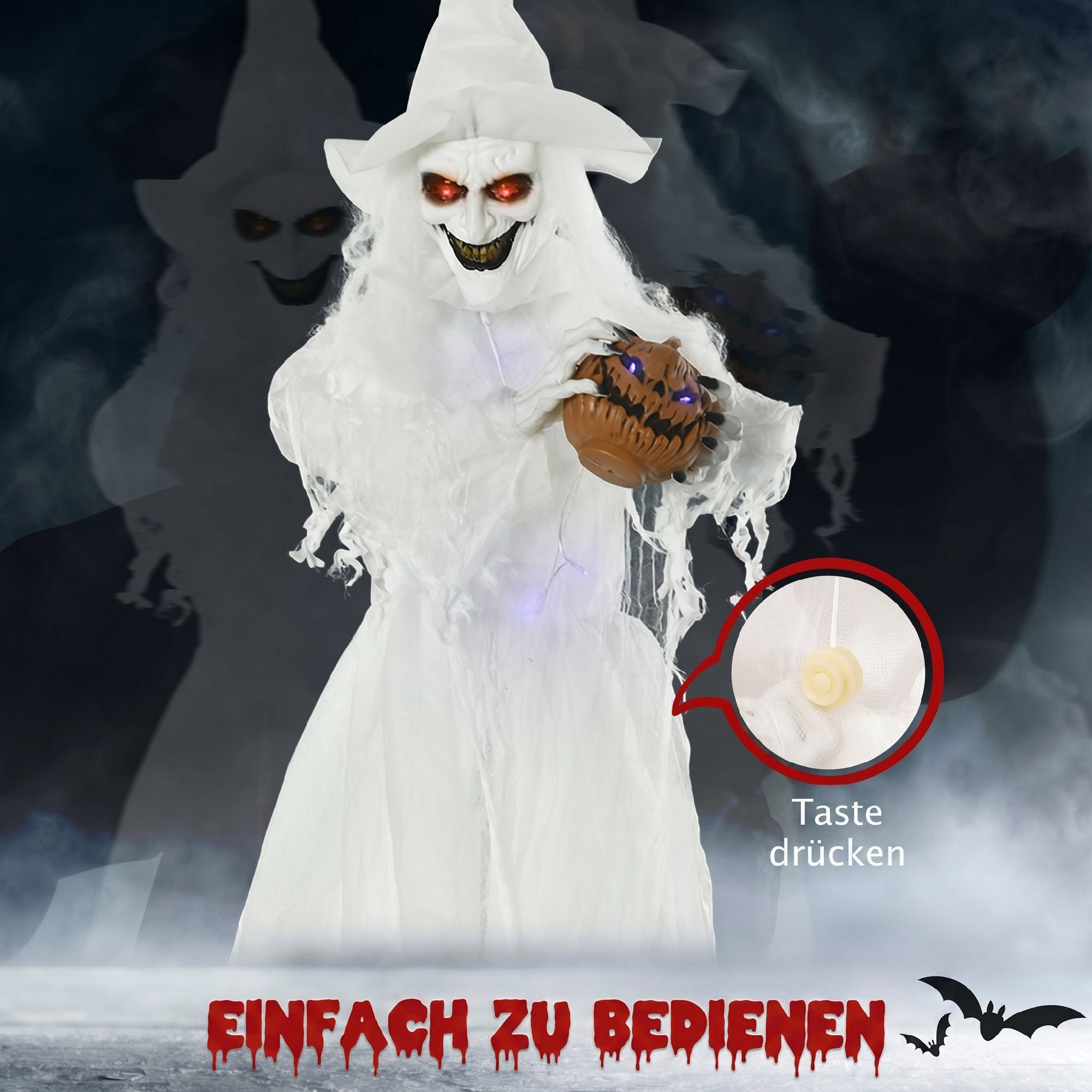 Outsunny Dekofigur Skelett-Geist mit leuchtenden Augen (Set, 1 St., 1-tlg), Leuchtende Augen und Körper, Knopfaktivierung – Bild 5 von 5