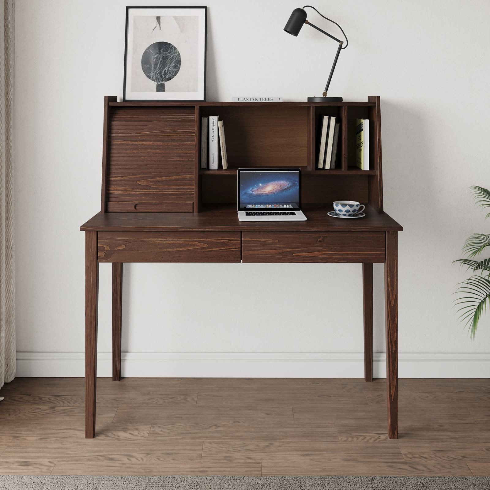 IDIMEX Schreibtisch ALISA, Massivholz Schreibtisch mit 2 Schubladen und Rollladen Nussbaum Finish