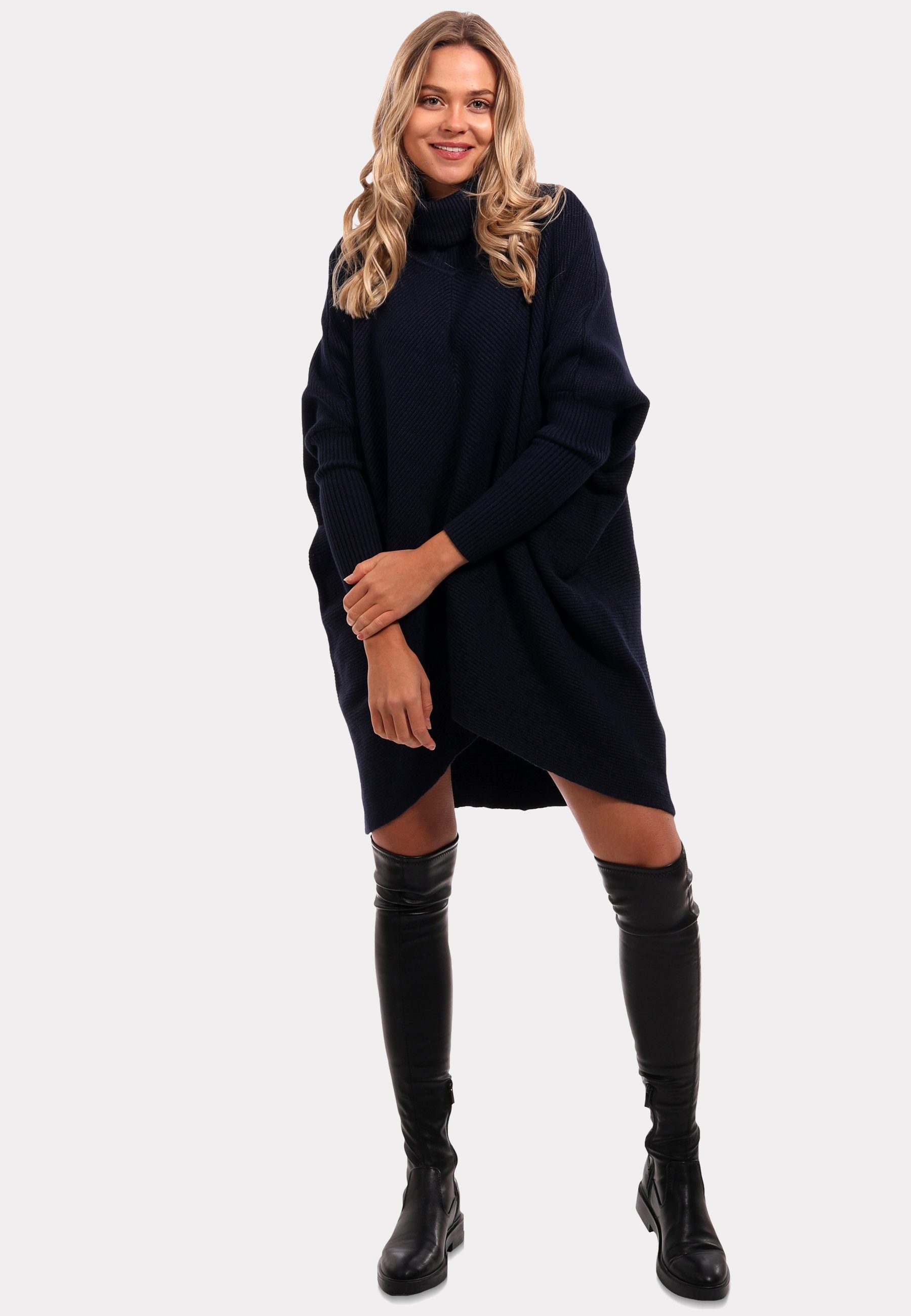 YC Size in Longpullover überschnittenen mit Unifarbe, Rollkragen mit & Strickpullover Schultern marine (1-tlg) Plus Style asymmetrisch Fashion