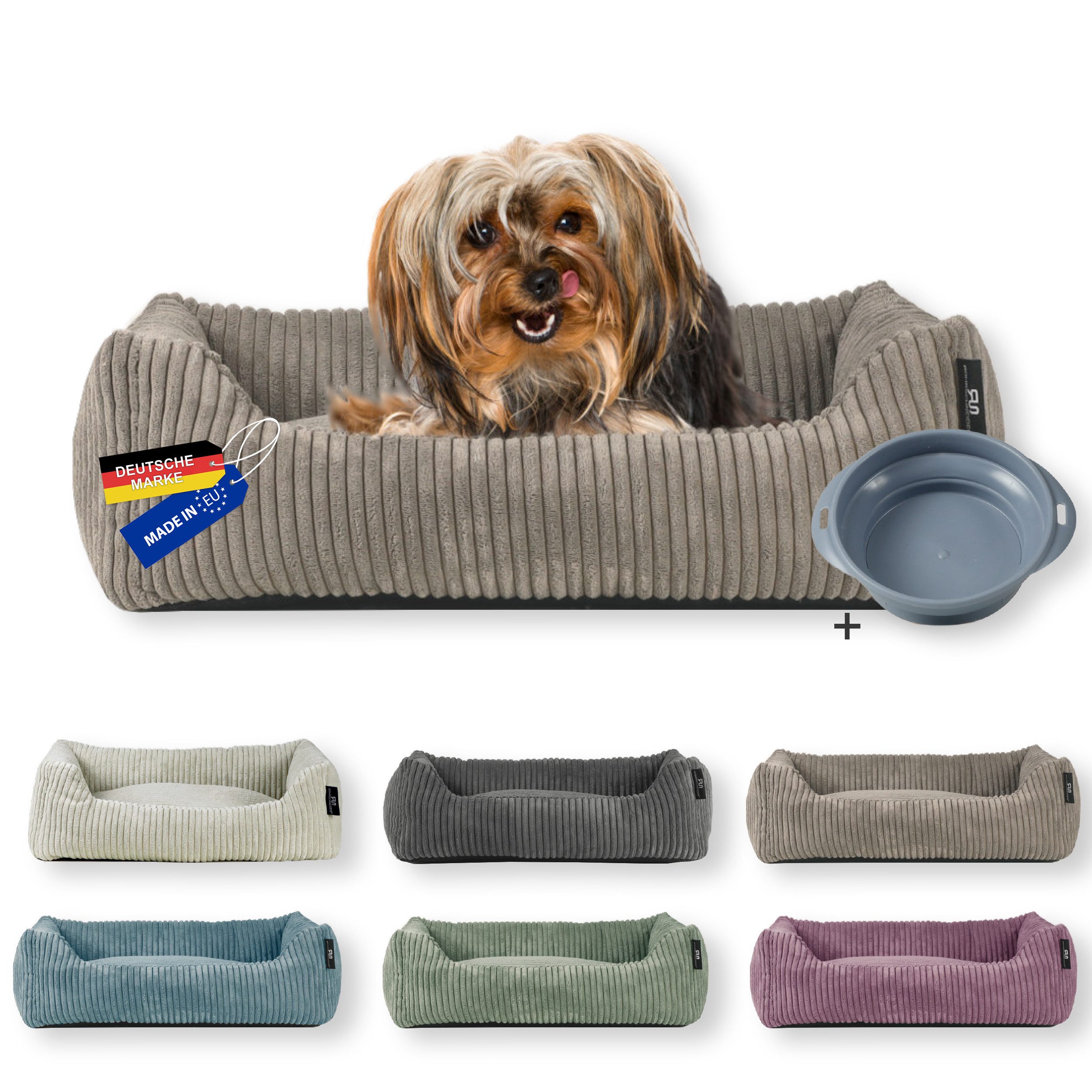 Rohrschneider Tierbett Hundebett Cord für kleine Hunde mit waschbarem Bezug inkl. Futternapf, antiruschbeschichtete Unterseite