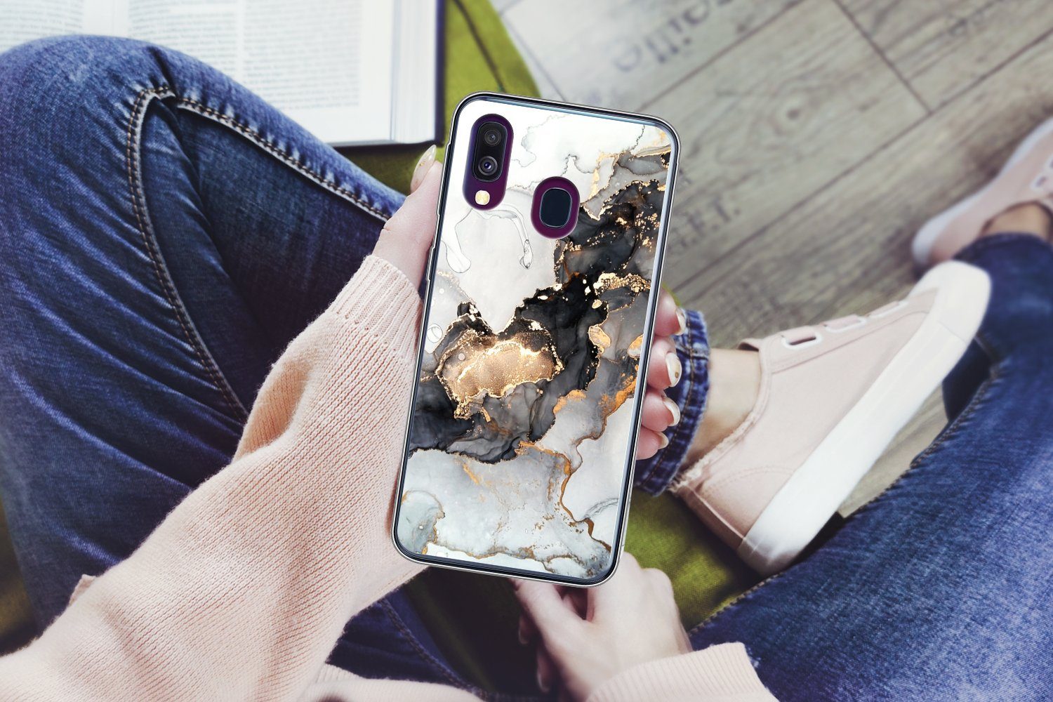 MuchoWow Handyhülle für Samsung Galaxy A40 Marmor - Schwarz - Weiß - Gold - Luxus - Abstra, Smartphone-Bumper, Print, Handy Schutzhülle Dünn
