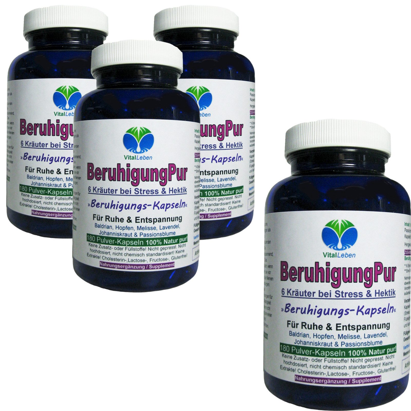 VitalLeben BERUHIGUNG Pur 6 beruhigende Kräuter - RUHE & Entspannung Kapseln, 4 er Dose à 180 St., 288 g