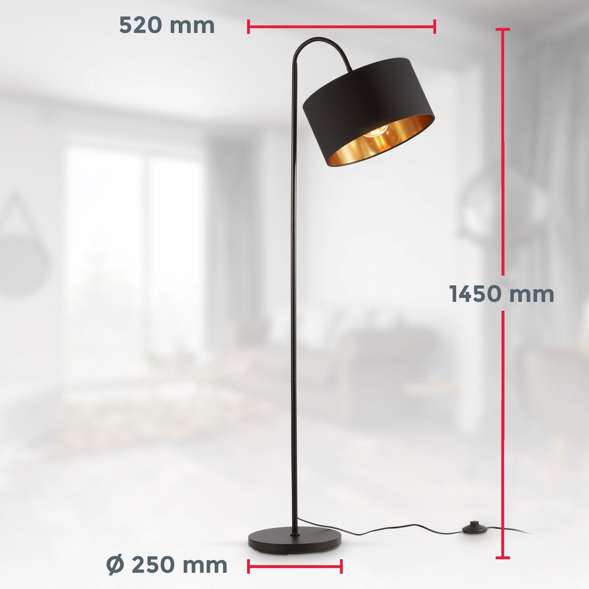 Leuchtmittel ohne (max. 140cm 40W), Stehlampe ohne Stehleuchte, Ø30cm Leuchtmittel, Stoffschirm, Retro 1-Flammig, Kabel BK_ST1419 Schwenkbar, B.K.Licht E27, Schwarz-Gold,