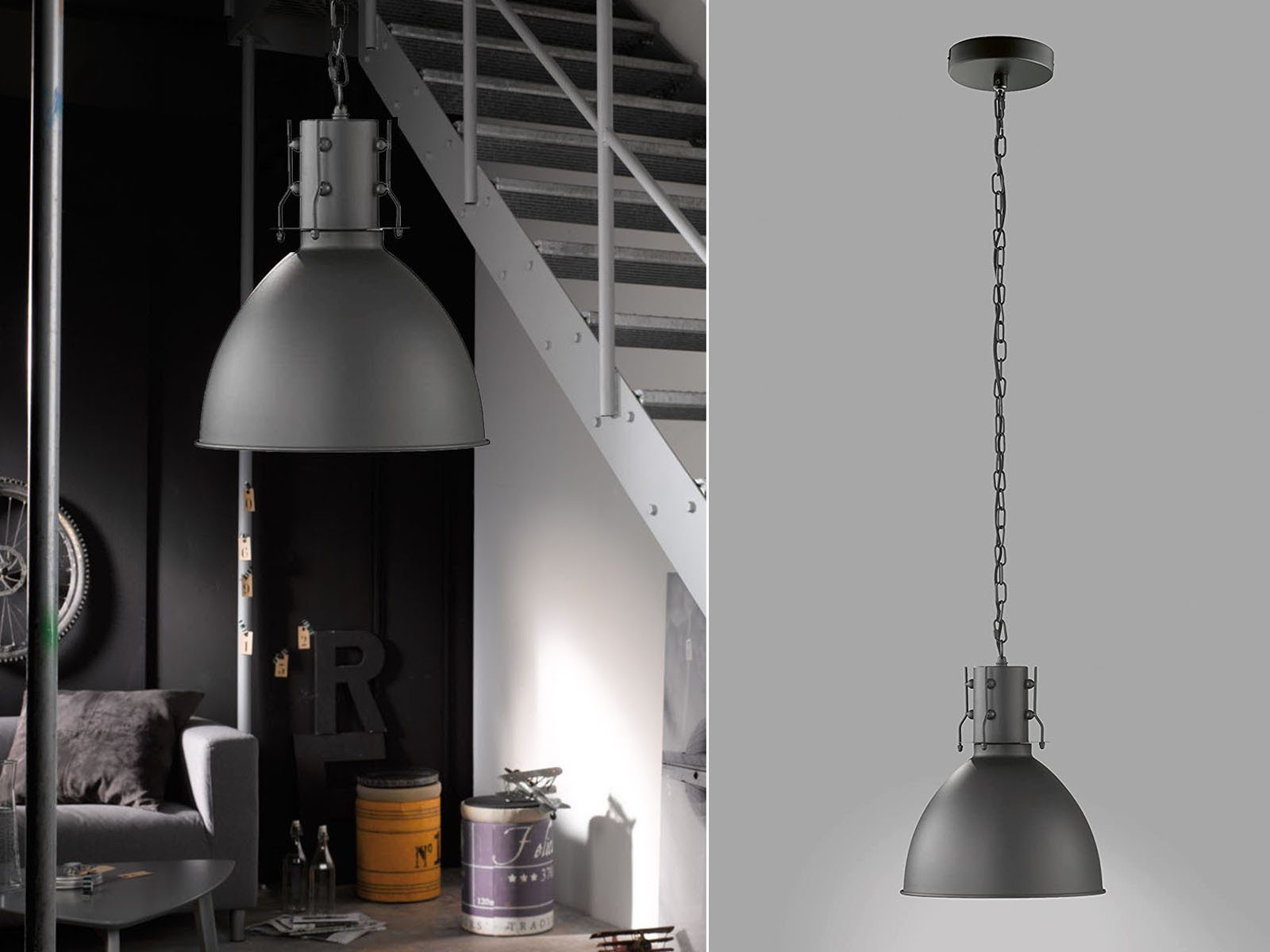 meineWunschleuchte LED Pendelleuchte, dimmbar, LED wechselbar, Warmweiß, einflammig hängend Lampenschirm Schwarz Ø 30cm Industrial Design Schwarz-Silber