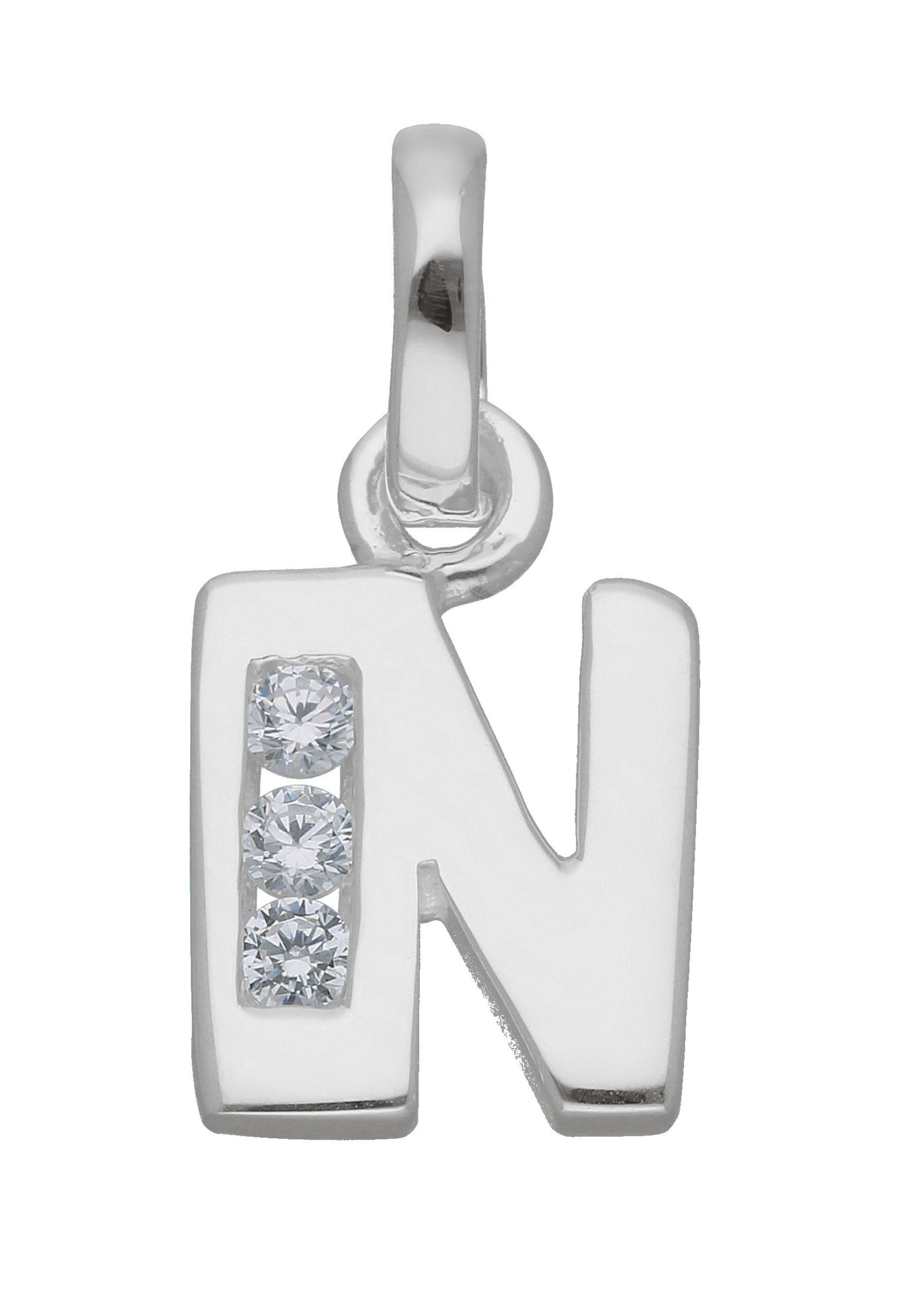 Adelia´s Namenskette Halskette - Namenskette mit Buchstabenanhänger N mit Zirkonia, Schmuckset mit bis 45 cm stufenlos verstellbarer 925 Silber Halskette
