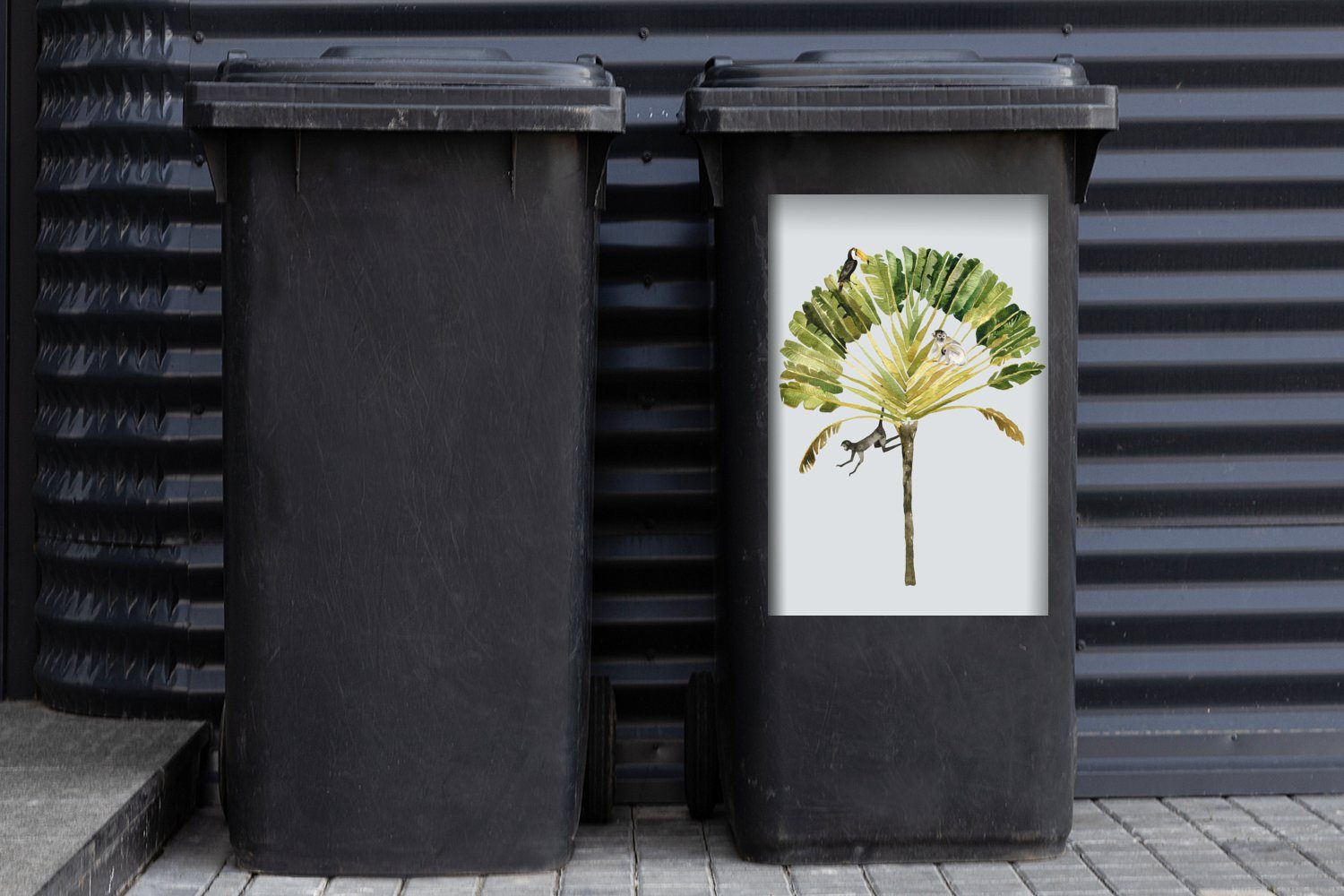 Abfalbehälter Mülleimer-aufkleber, Sticker, (1 Palme Container, Vogel MuchoWow Wandsticker St), - Dschungel Mülltonne, -