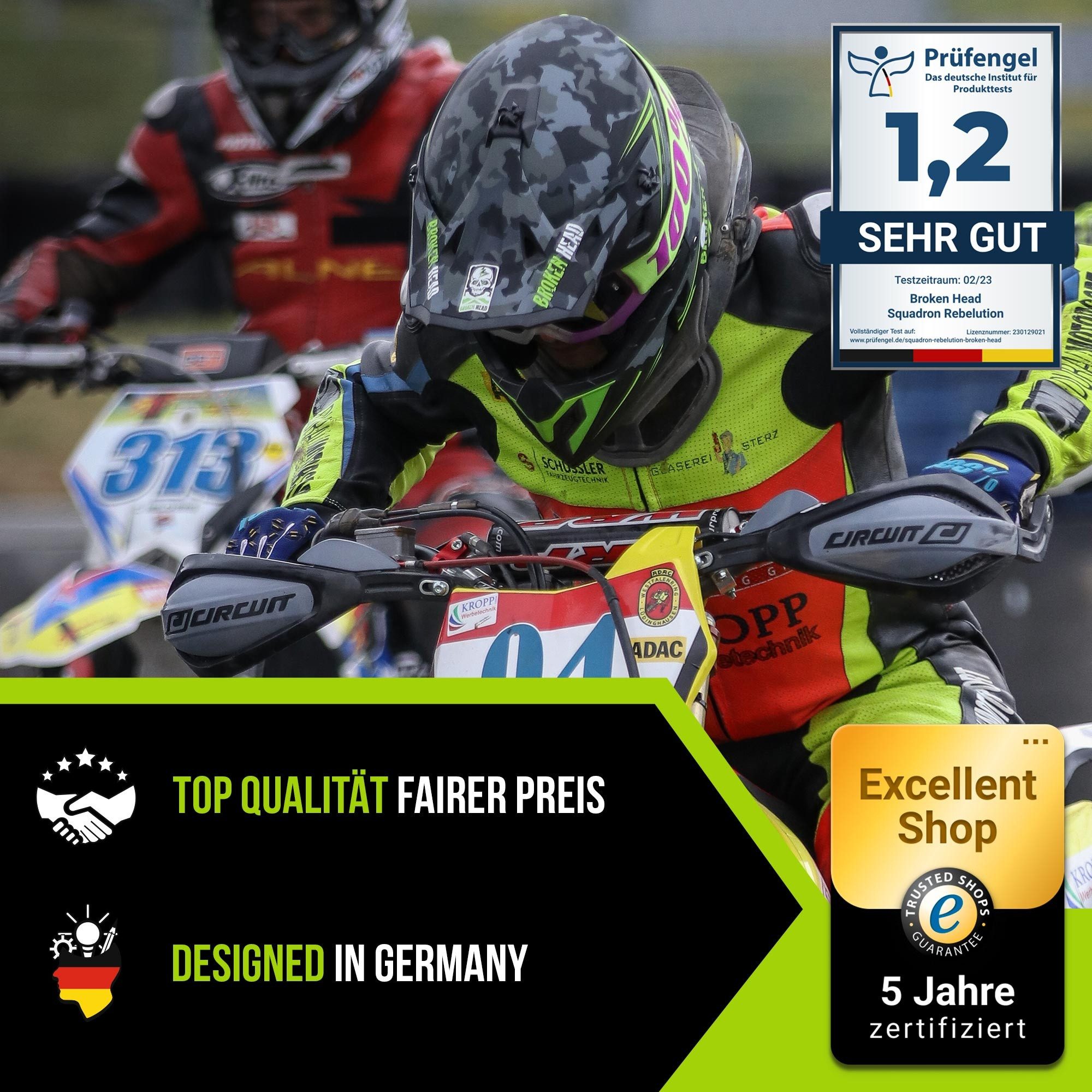 Broken Head Motocrosshelm Squadron Grau-Grün (Mit MX-Brille Struggler Grün), Zwei Verschlüsse