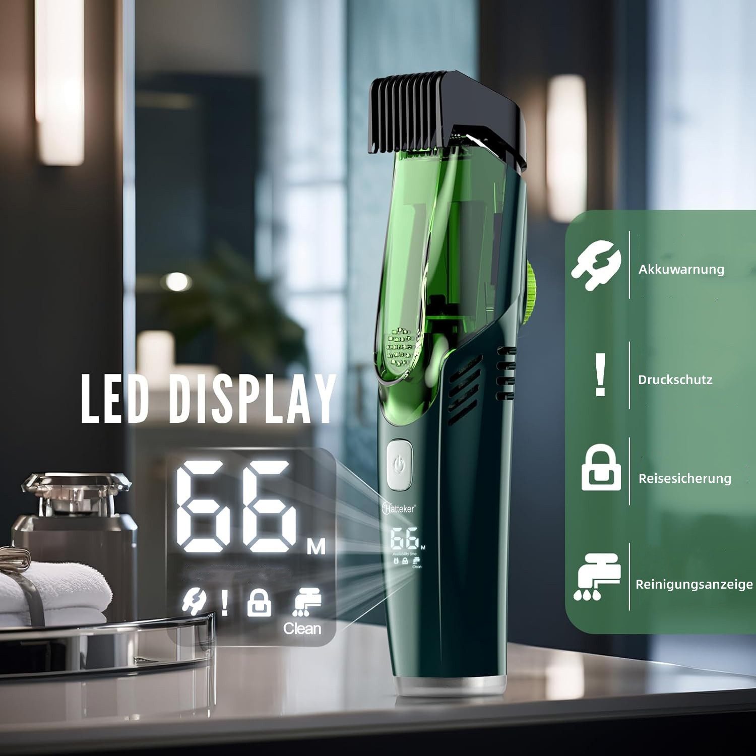 Scttomon Haarschneider HT-6058, Bartschneider mit Vakuumfunktion, 1–20 mm Längeneinstellung, IPX6 wasserdicht