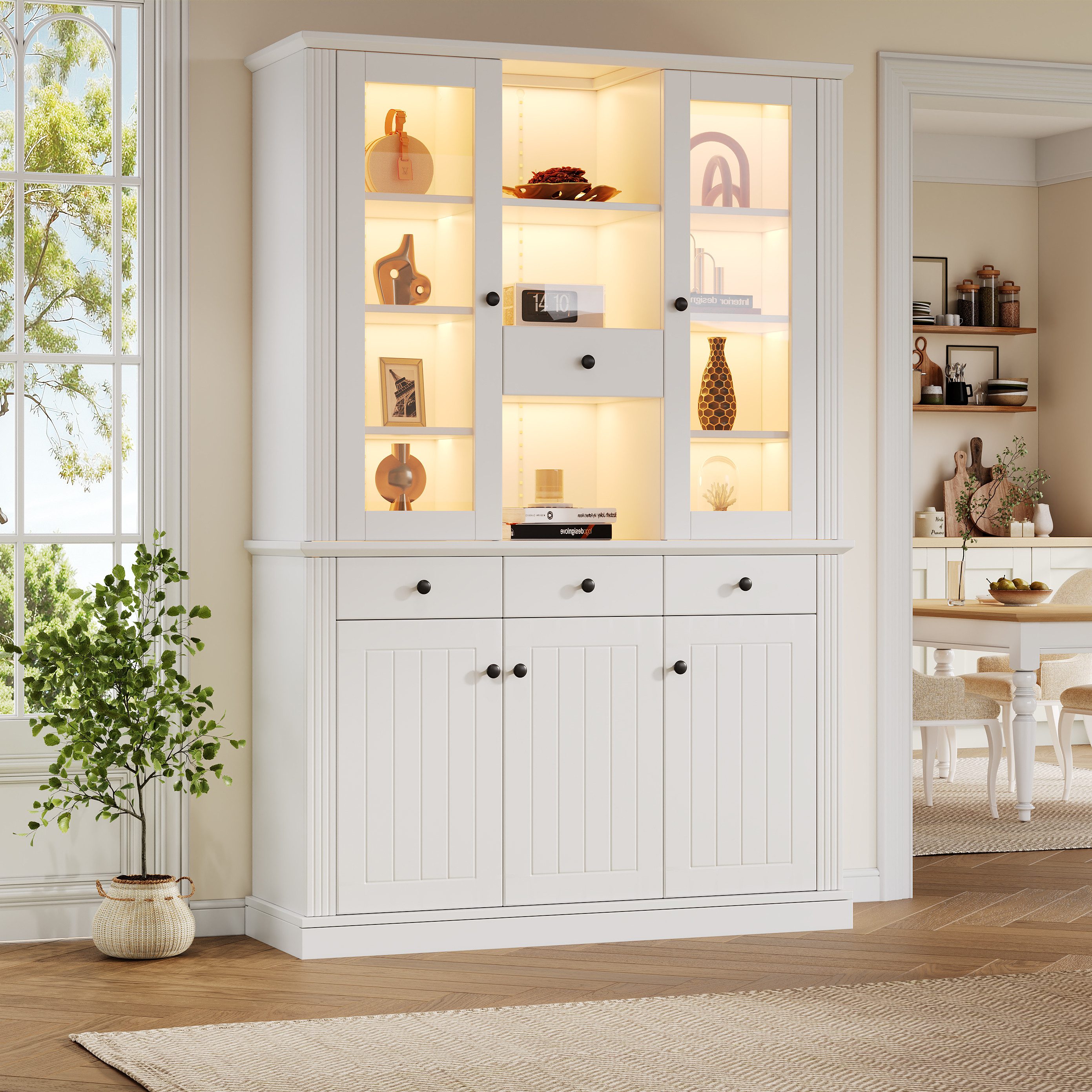 Merax Standvitrine mit LED- Beleuchtung (119,5×40×180 cm, 1-St., Hochschrank Standregal Schrank) Vitrine mit 21 Ablagefächern, 4 Schublade, 5 Türen & Glasfronten