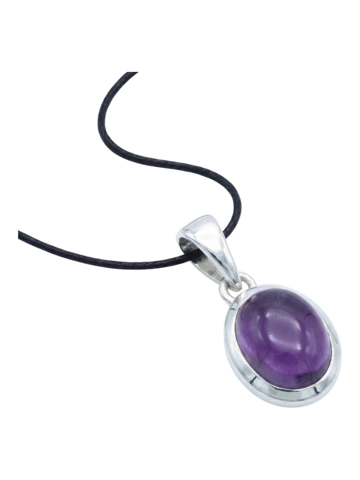 mantraroma Kettenanhänger MIALE oval aus 925 Silber mit Amethyst (Kettenanhänger am Baumwollband im Schmuckbeutel), 925 Sterling Silber Kettenanhänger für Damen