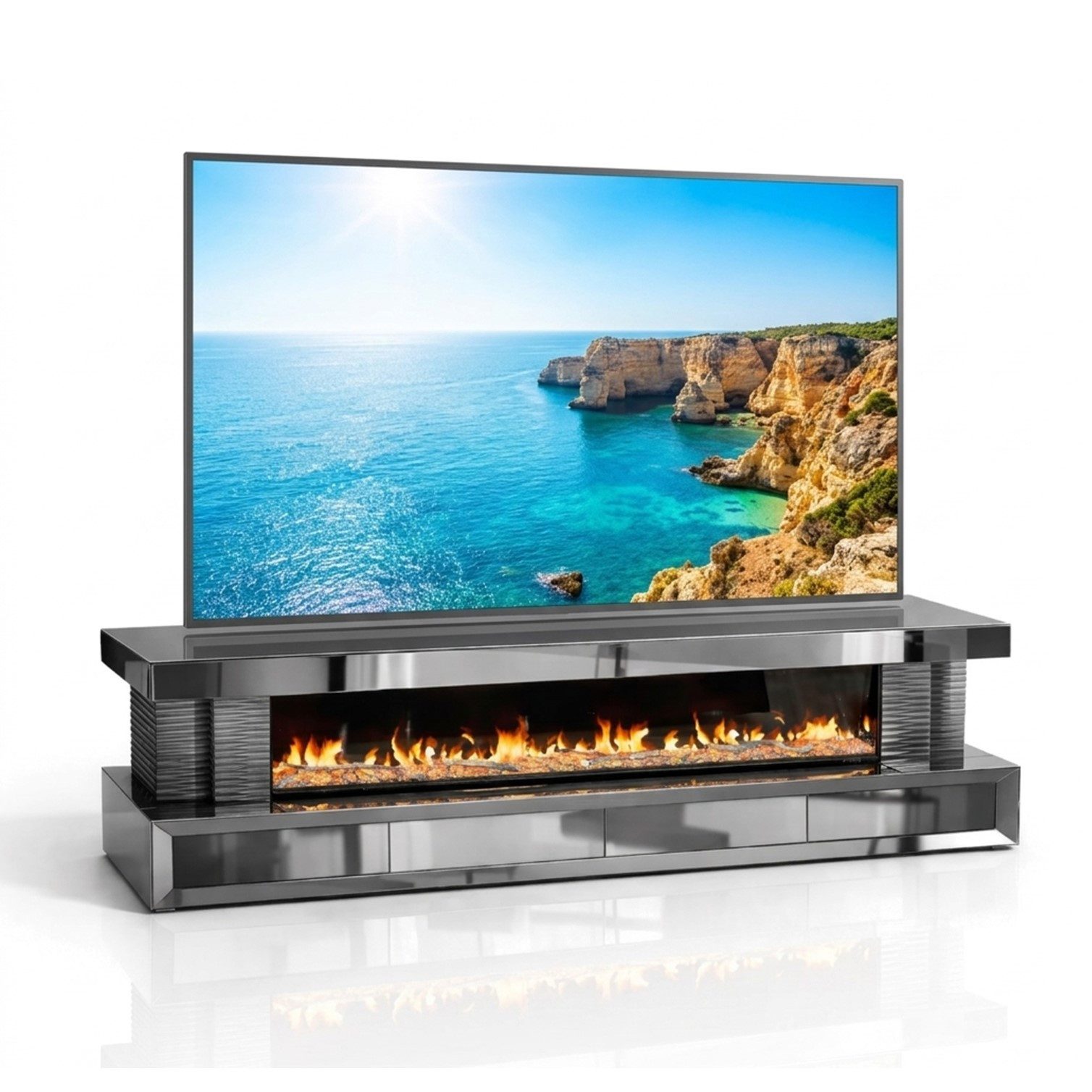 HOOZ TV-Schrank TV Lowboard mit Kamin – modernes Design Anthrazit eckig 200 cm (Einzelprodukt, 1-St., TV Möbel Einzelmöbel) 3D-Flammenoptik, Push-Open Schubladen, hochglänzende Glasoberfläche