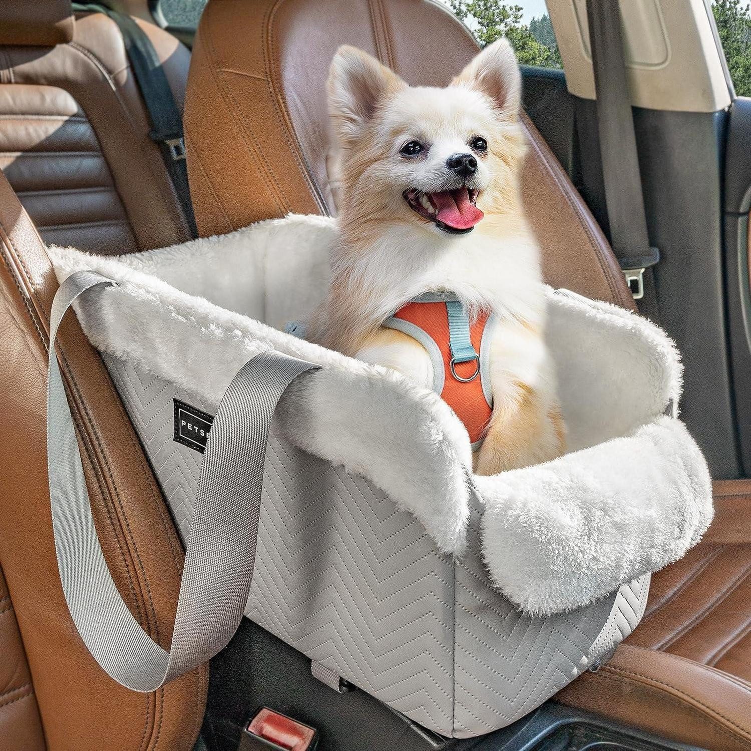 LuxusKollektion Hunde-Autositz Autositz Hunde Mittelkonsole Sicherheitsgurten Kissen Grau Weiß-Leder