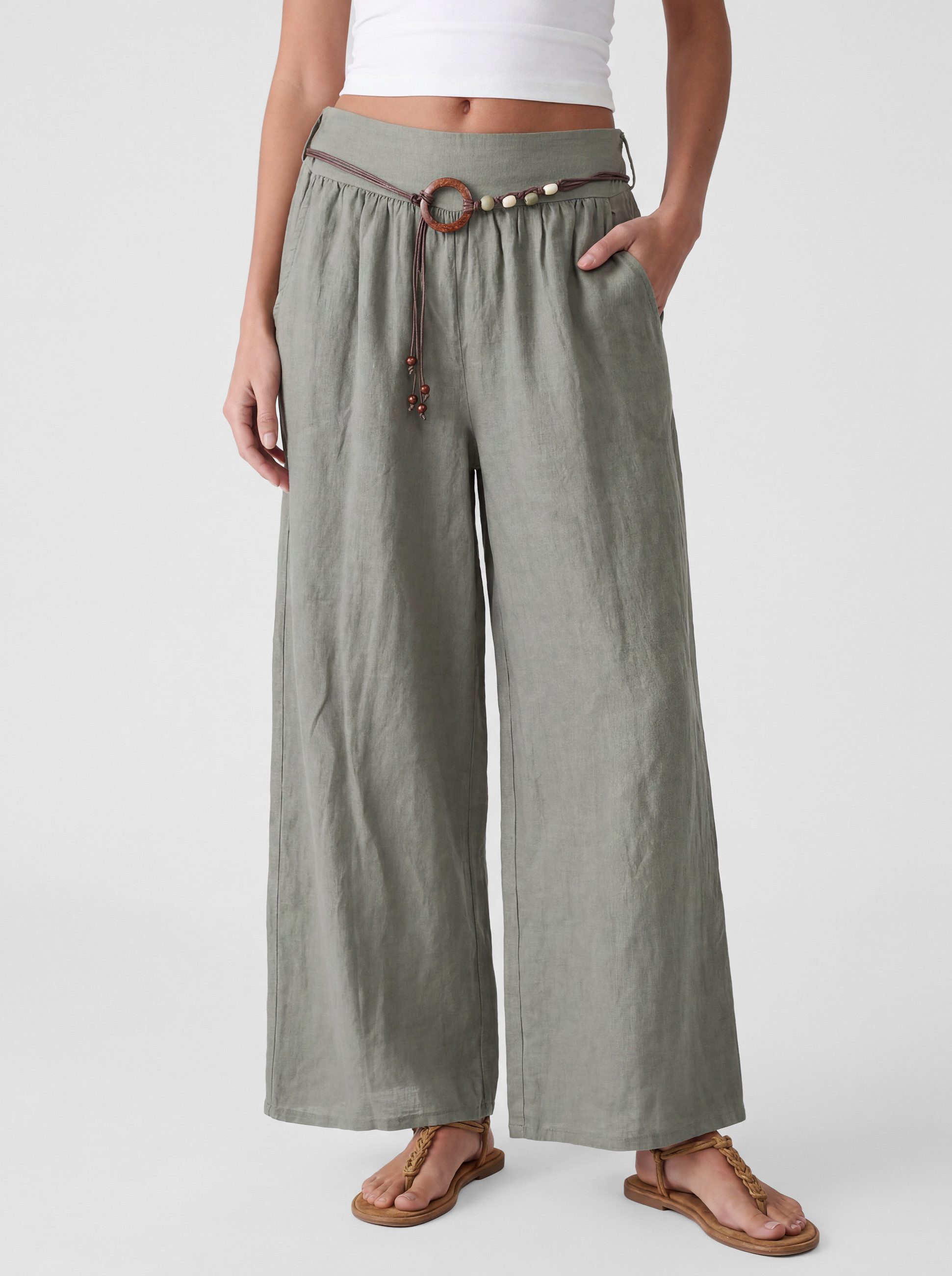 PEKIVESSA Leinenhose Wide-Leg Schlupfhose mit weitem Bein und Gürtel
