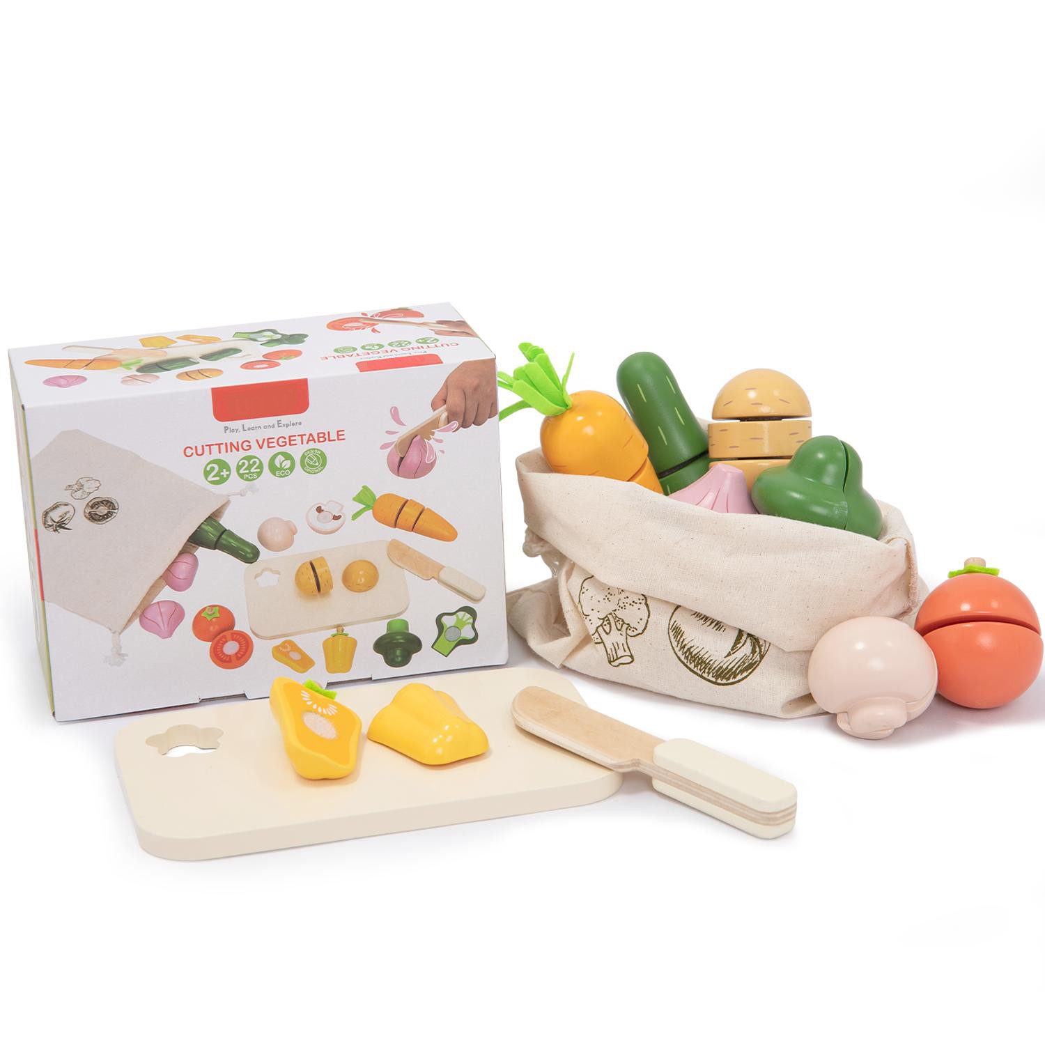 Esun Spielküche Holz Obst und Gemüse zum Schneiden, Kinder Schneideset, Holzspielzeug, Spielküche Zubehör, Kindermesserab 2 Jahren