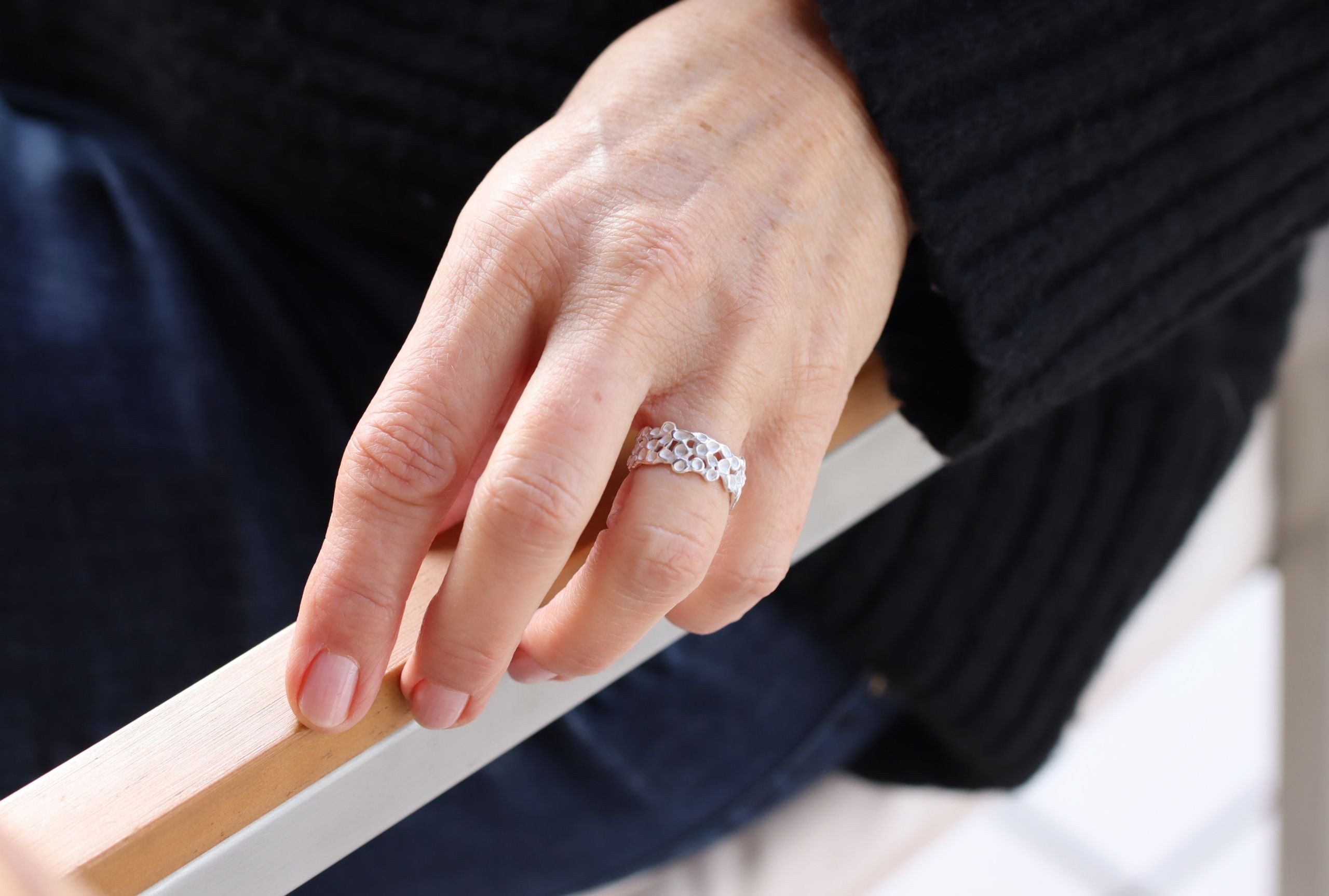 SILBERMOOS Silberring Fein-strukturierter Wabenring, 925 Sterling Silber
