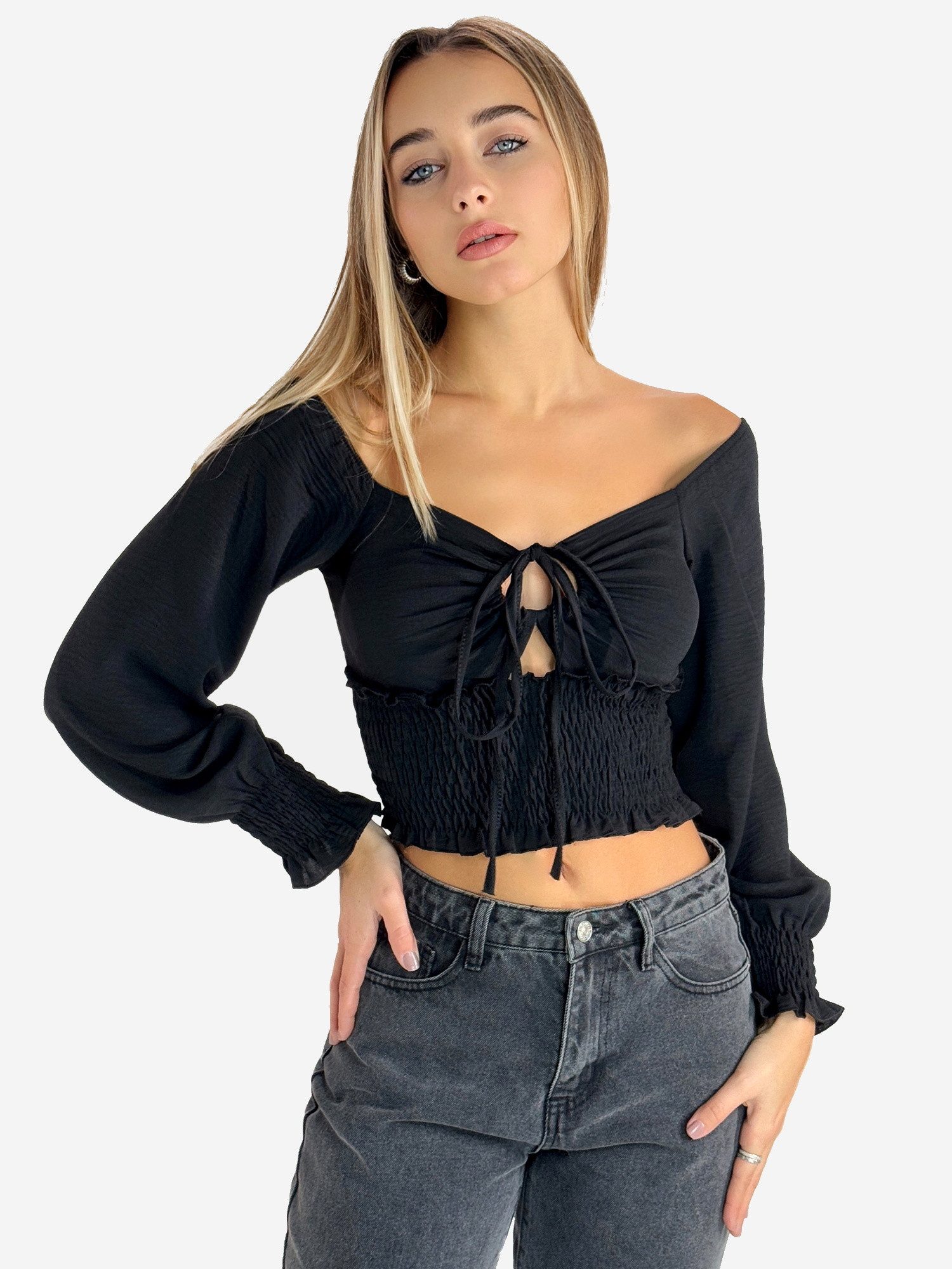 Blusentop Crop Top Damen Off Shoulder mit Raffung & langen Ärmeln Elegant