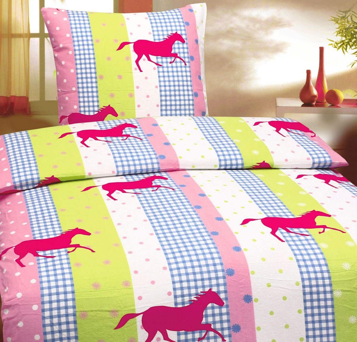 JACK Kinderbettwäsche Renforcé Linon Bettwäsche 2 tlg. 135x200cm Pferde Str günstig online kaufen