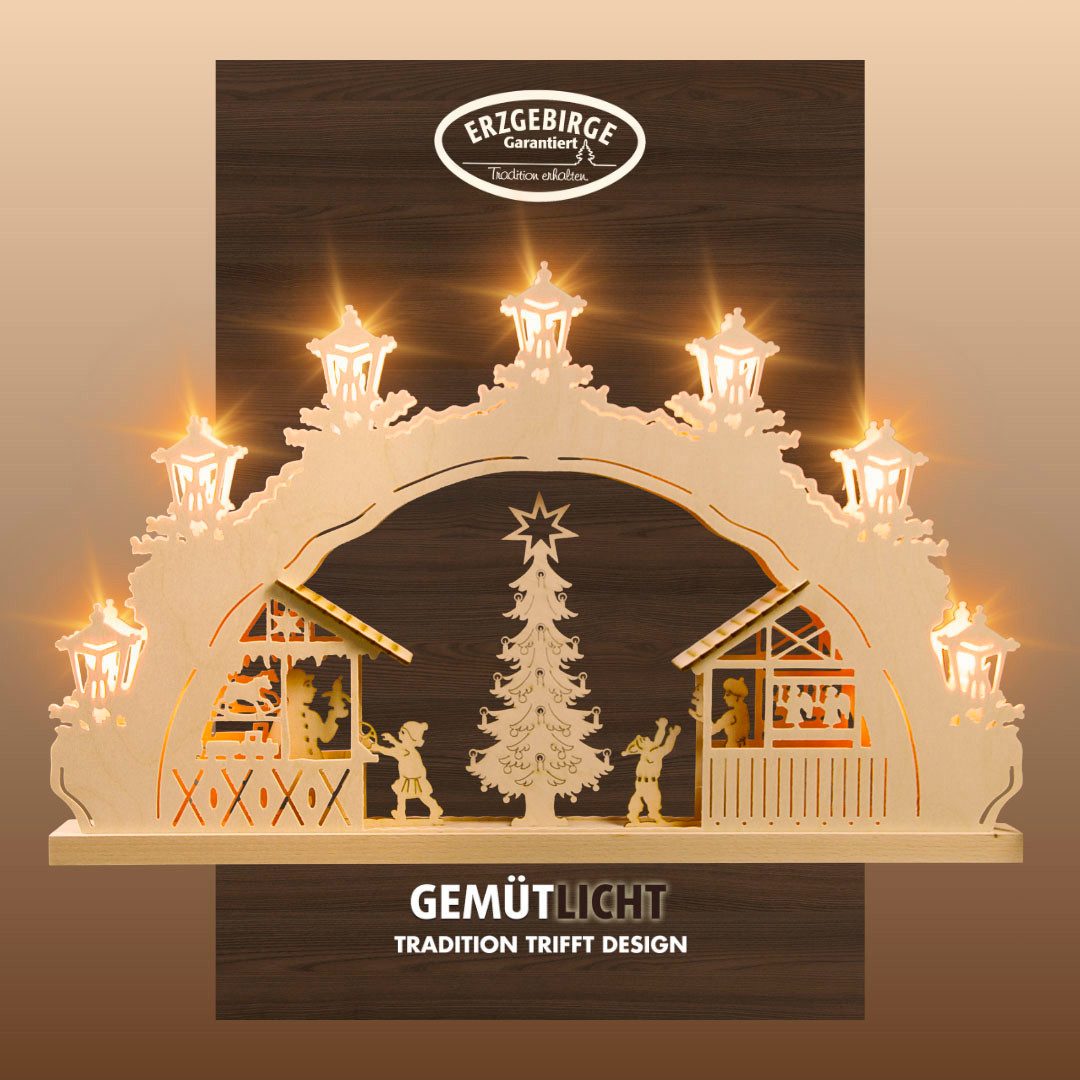 Weigla Schwibbogen Weihnachtsmarkt, Lichterbogen aus Holz, NATUR, Made in Germany (1-tlg), Erzgebirge garantiert, Weihnachtsdeko Innen, Weihnachtsbeleuchtung