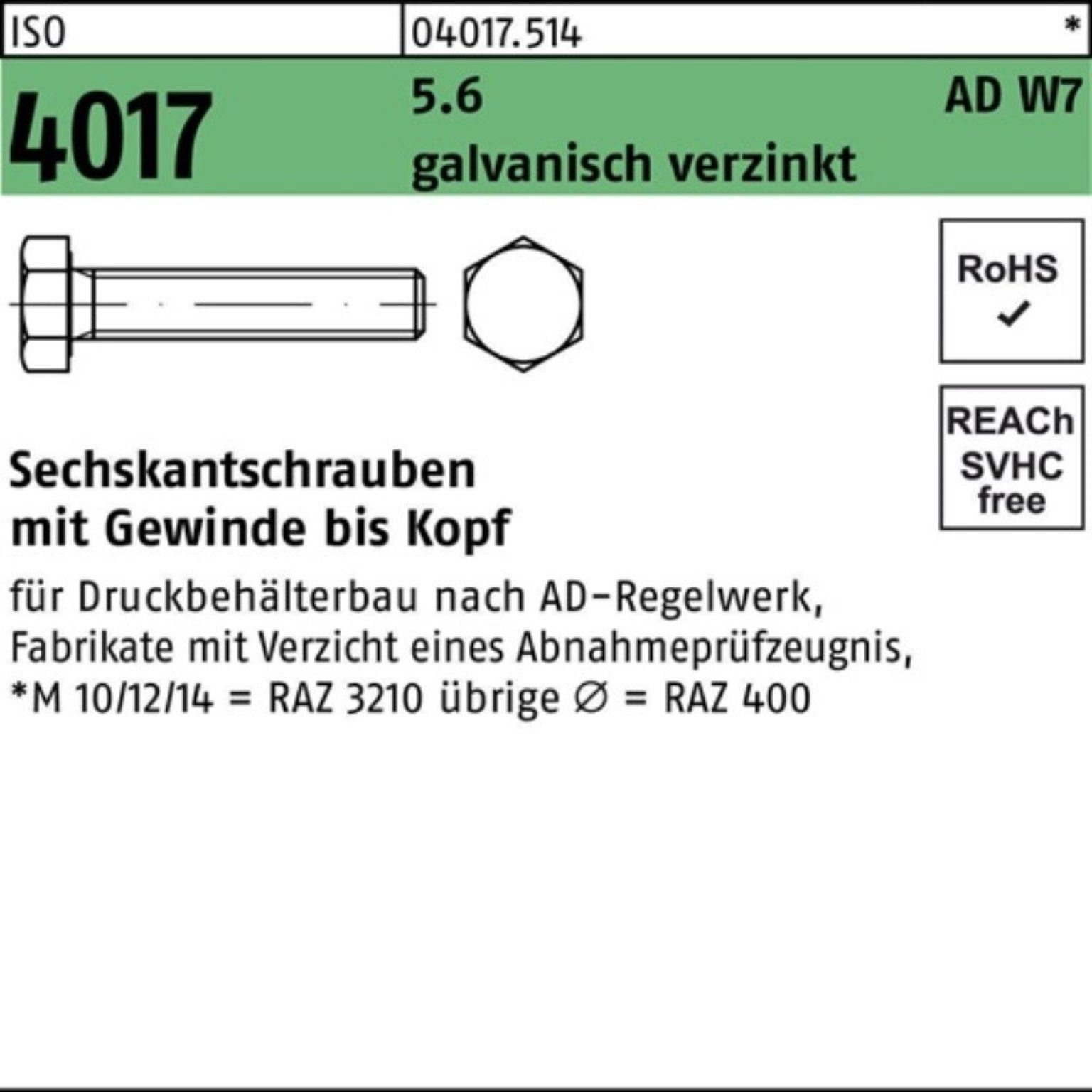Bufab Sechskantschraube 200er Pack Sechskantschraube ISO 4017 VG M6x 50 5.6 AD W7 galv.verz. 2
