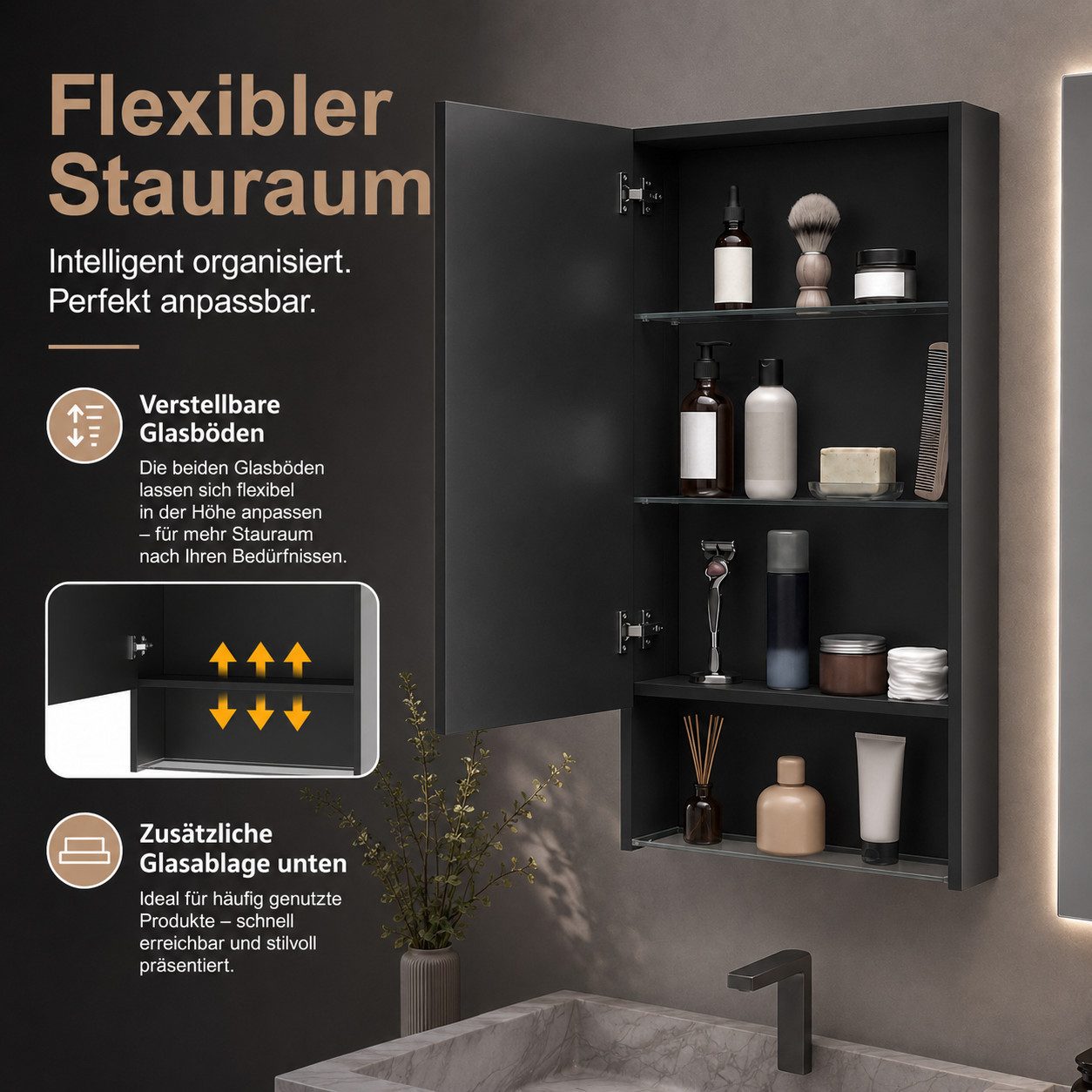 Simurq Badezimmerspiegelschrank Spiegelschrank Bad Mit LED, Offenes Regalen, Wandschrank Hängeschrank (Set, Spiegelschrank Mit LED Beleuchtung, 3 Farbtemperatur – Bild 5 von 5