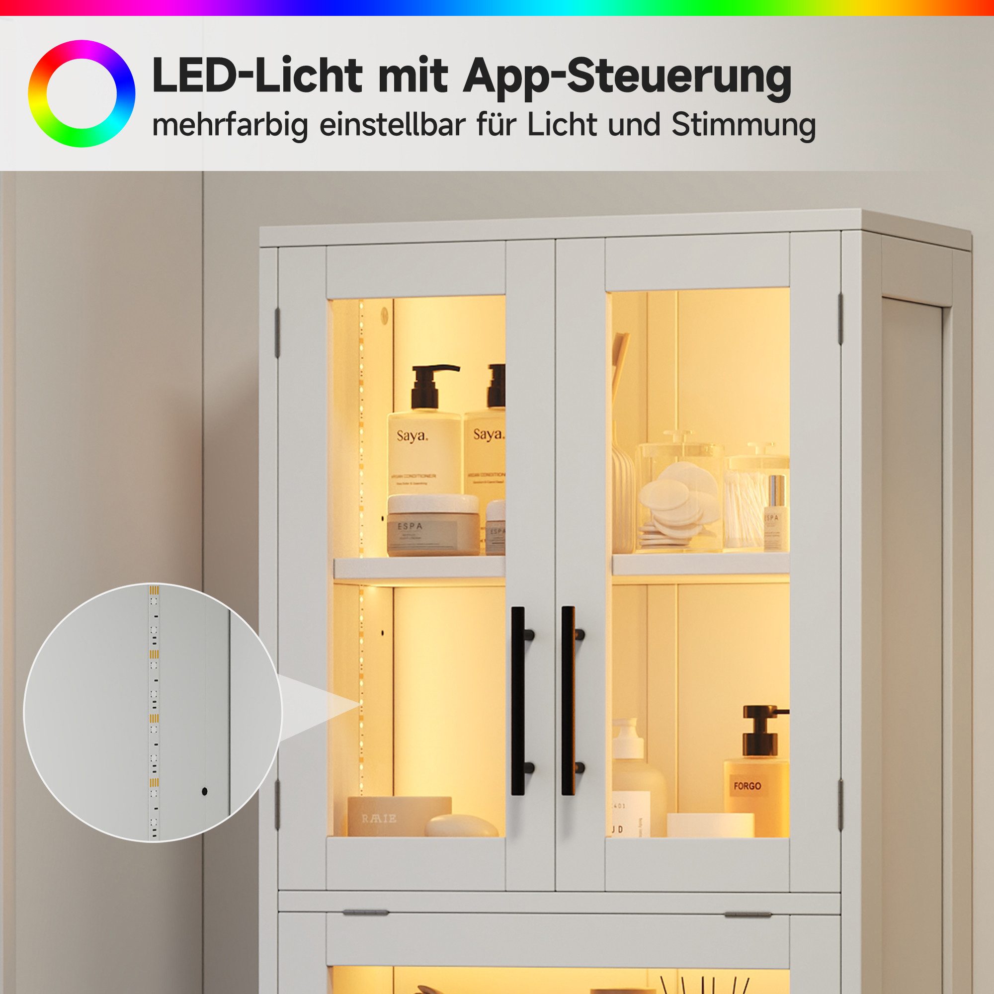 Celya Hochschrank mit LED und viel Stauraum (verstellbare Einlegeböden, per App steuerbarer LED-Lichtstreifen) freistehendes Aufbewahrungsmöbel, nordisch-minimalistischer Stil