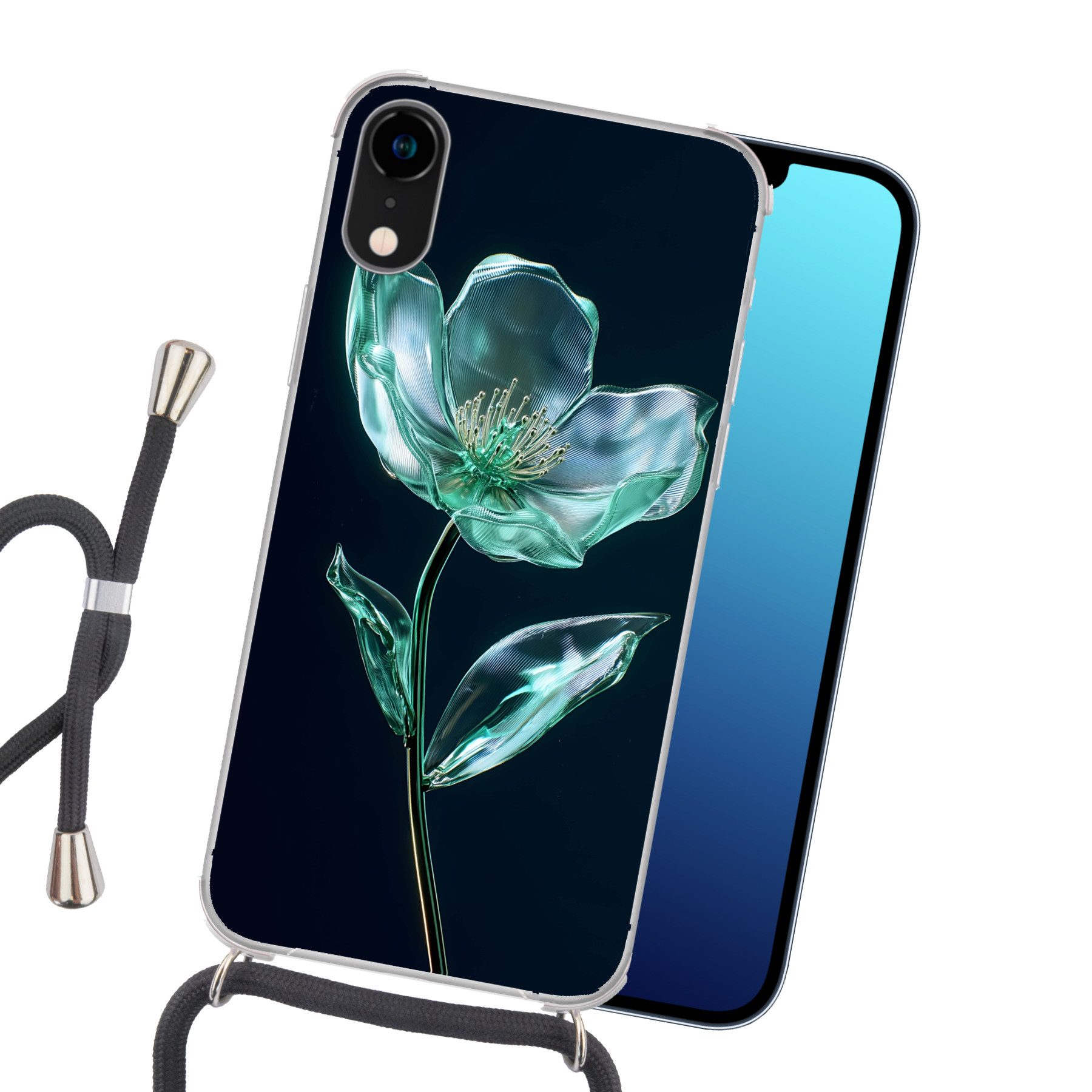 MuchoWow Handyhülle für Apple iPhone XR Blätter - Blume - Gläser - Dunkelblau, Tragbare Handyhüllen mit Kette zum umhängen, Handykette Handyband