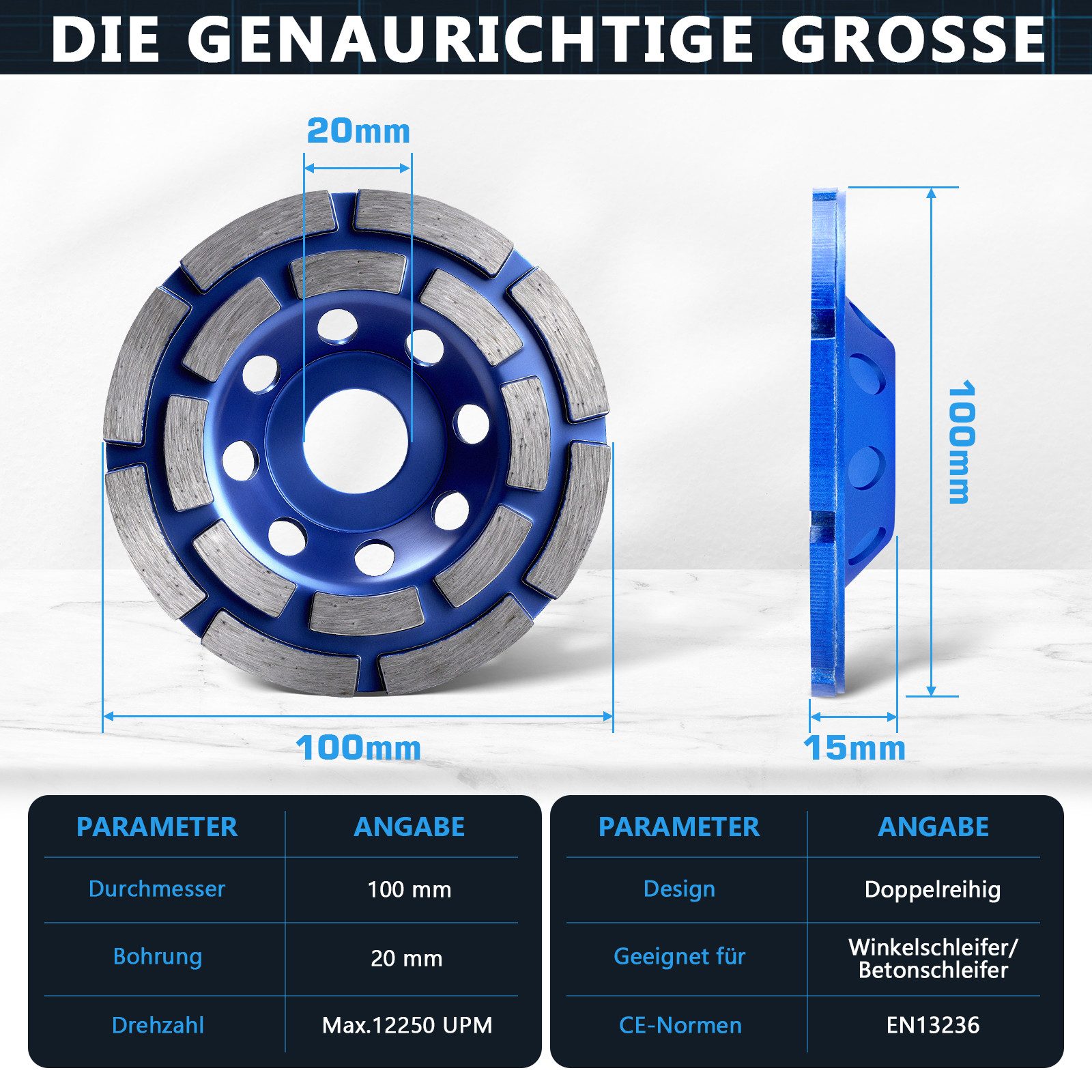 XERSEK Schleifscheibe Diamant-Schleiftopf für Winkelschleifer, Topfschleifer Max.12250 U/min, (Doppelreihig, Ø100x20mm Universelle Eignung für Schleifer 20mm Bo – Bild 2 von 5