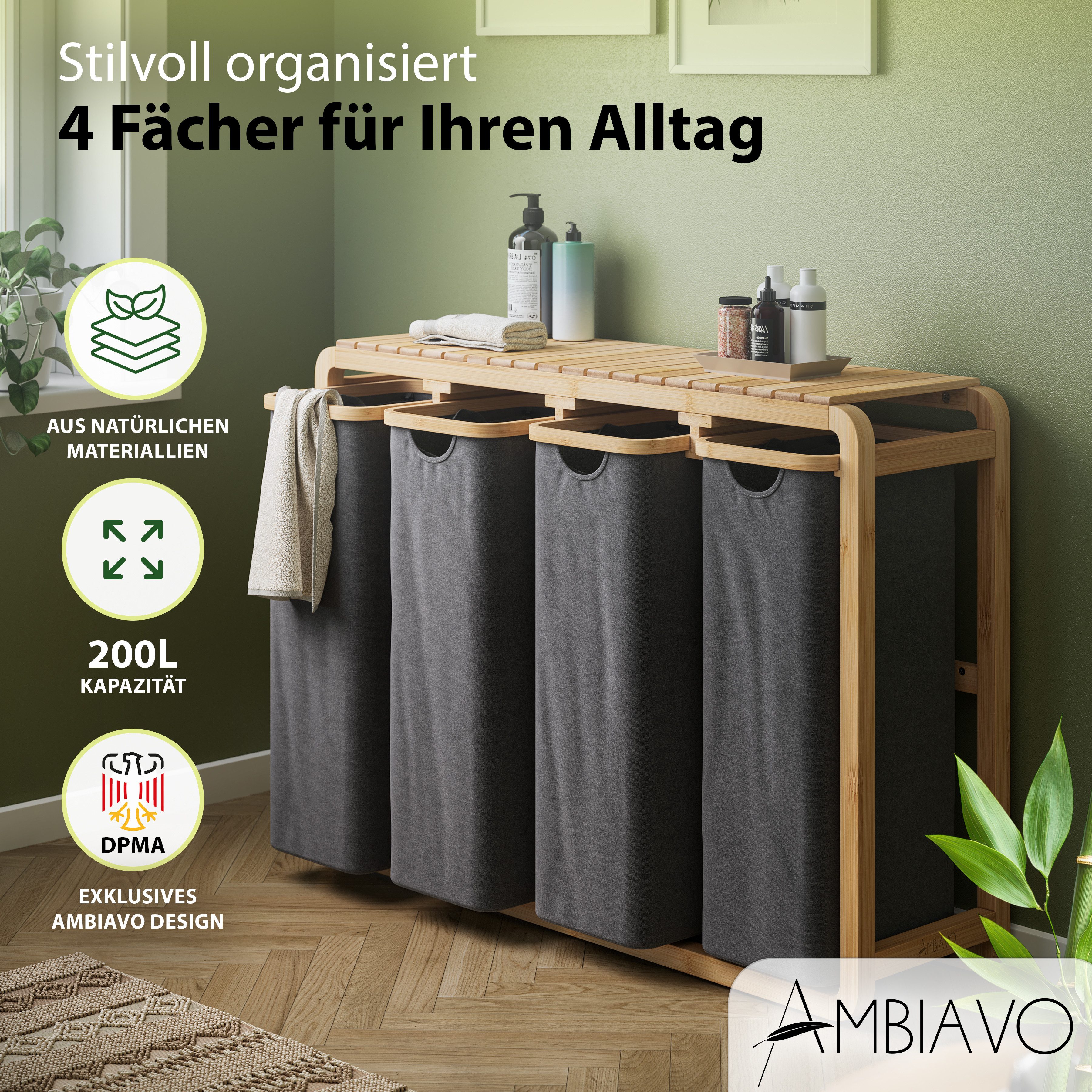 AMBIAVO Wäschekorb 4 Fächer mit waschbaren Baumwollsäcken, 200 L Volumen, stabiler 3x3 cm Bambusrahmen, innovatives Design – Bild 2 von 5