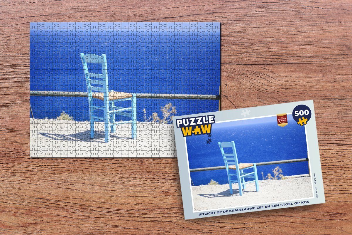 auf strahlend das Puzzlespiele, Blick Puzzleteile, Kos, Puzzle MuchoWow Foto-Puzzle, Bilderrätsel, Meer einen Stuhl und Spielzeug auf 500 blaue