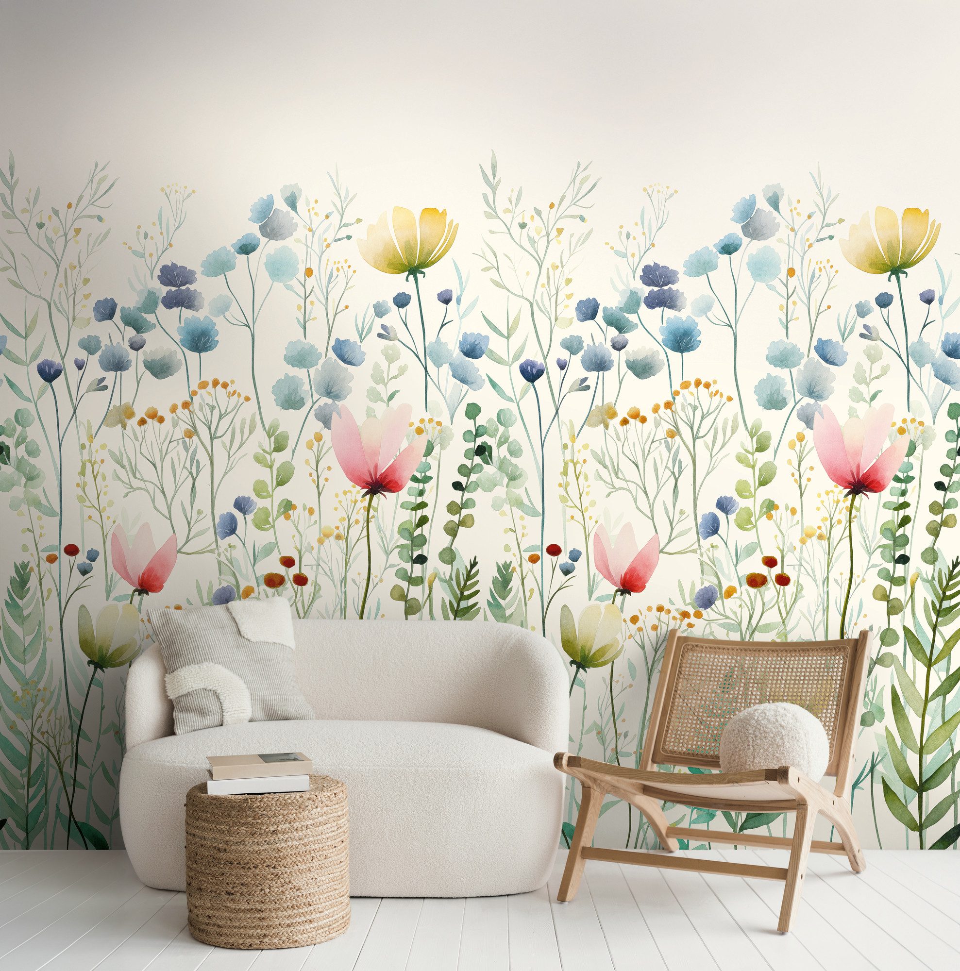 living walls Fototapete The Wall 4 Flowers – Blumenwiese mit Blätterranken Vlies-Fototapete, leicht strukturiert, floral, matt, botanisch, (1 St), Blumenwiese mit Blätterranken – natürlicher Tiefenwirkung