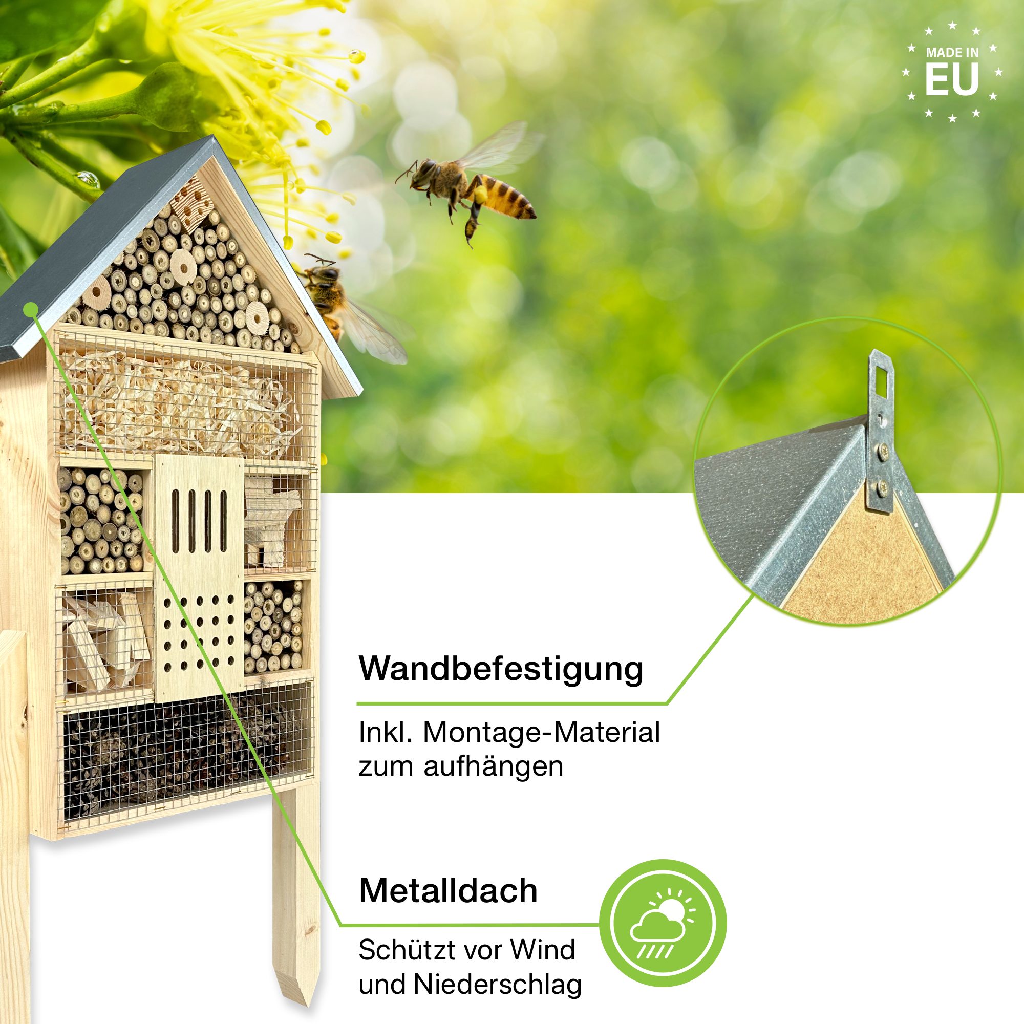 gartenetage Insektenhotel XXL Insektenhaus für Bienen und Marienkäfer – 79 x 38 x 11,5 cm, – Wetterfestes Insektenhaus – Schutz und Nisthilfe für Wildbienen & Co