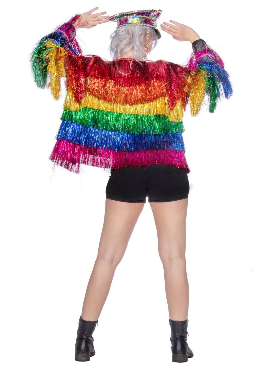 Metamorph Kostüm Glitzer Festivaljacke Regenbogen, Farbenfrohe Fransenjacke mit Lametta-Overload