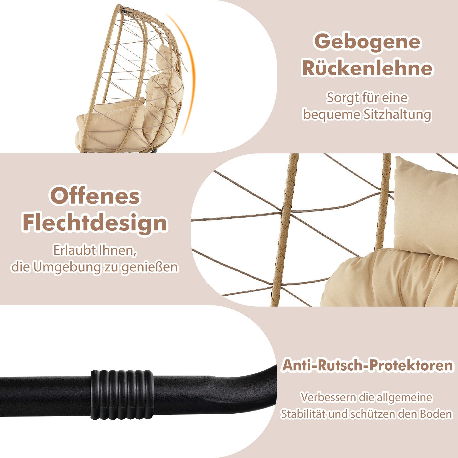 COSTWAY Hängesessel, Korbsessel mit Kissen, aus Rattan & Metall