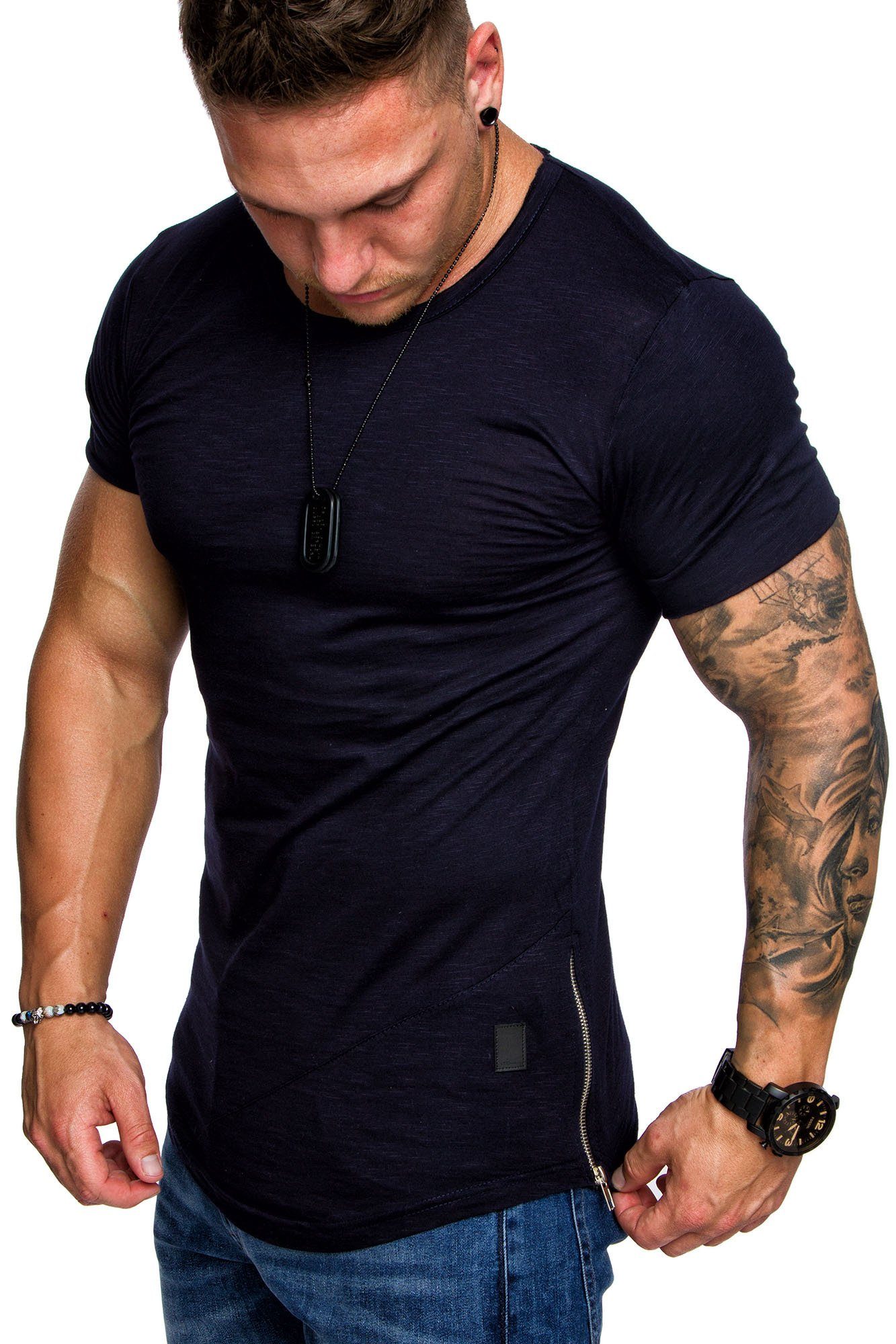 Amaci&Sons T-Shirt AUSTIN Herren Oversize Vintage Zipper Crew Neck Rundhals günstig online kaufen