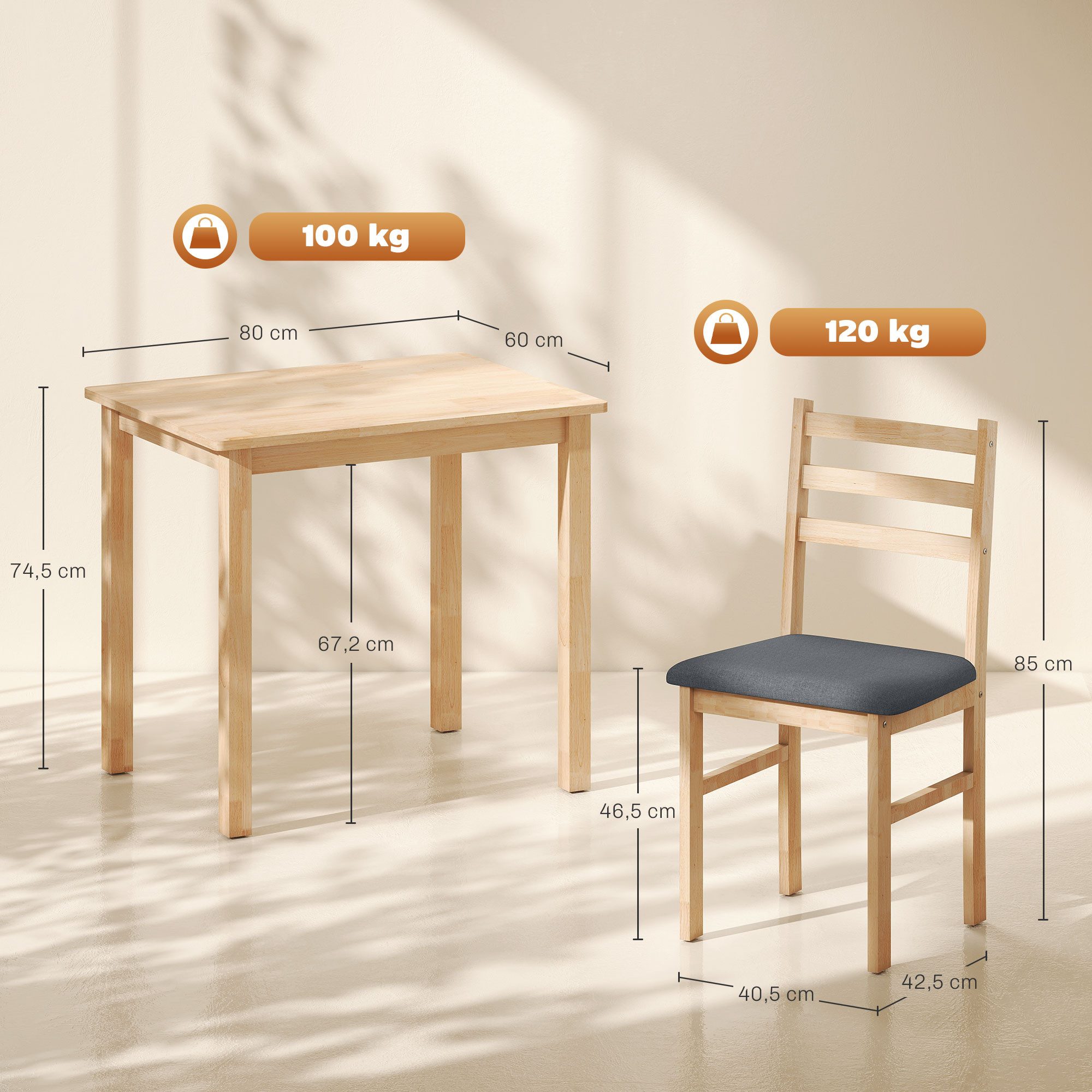 HOMCOM Essgruppe Esstisch mit 2 Stühlen Platzsparend Esszimmergruppe, (Sitzgruppe, 3-tlg., Küchentisch mit gepolsterten Essstühlen), für kleine Raum, Esszimmer, Küche, Naturholz