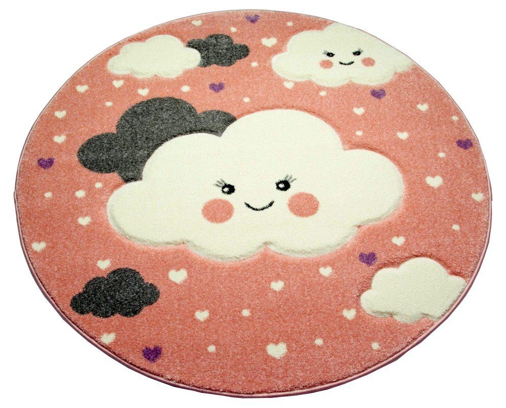 Carpetia Kinderteppich Teppich Kinderzimmer Kinderteppich Wolken rosa, rund, Höhe: 13 mm